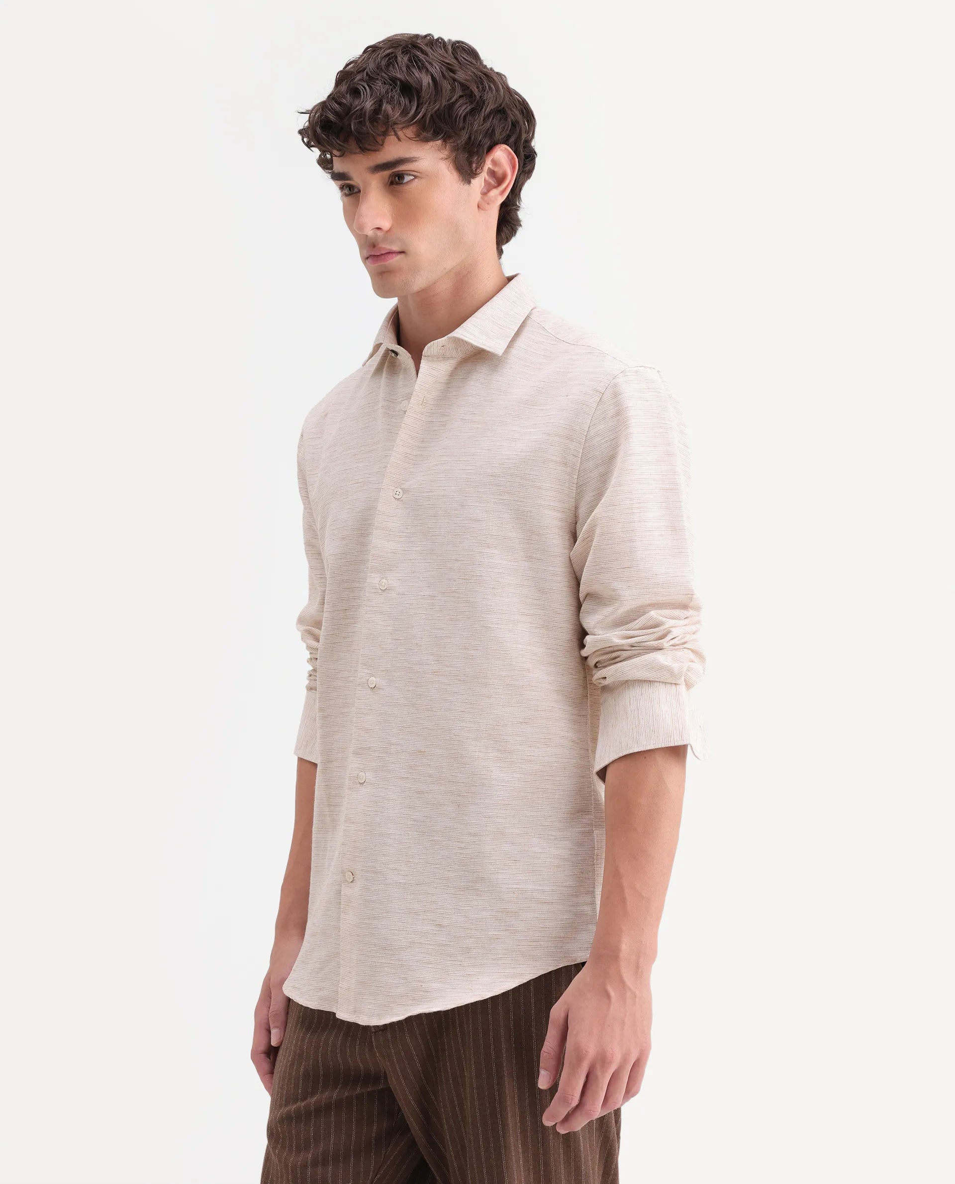 Rare Rabbit Men's Frit Beige Linen Blend Fabric Full Sleeve Regular Fit Textured Shirt