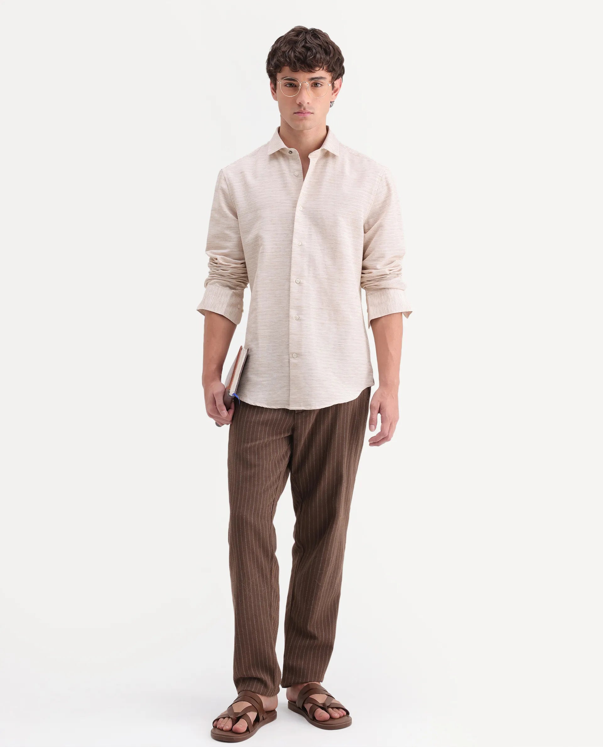Rare Rabbit Men's Frit Beige Linen Blend Fabric Full Sleeve Regular Fit Textured Shirt