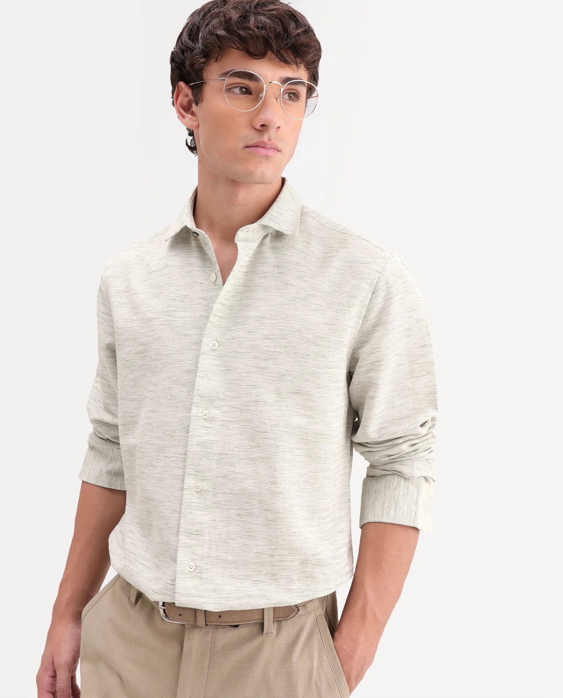 Rare Rabbit Men's Frit Dusky Green Linen Blend Fabric Full Sleeve Regular Fit Textured Shirt
