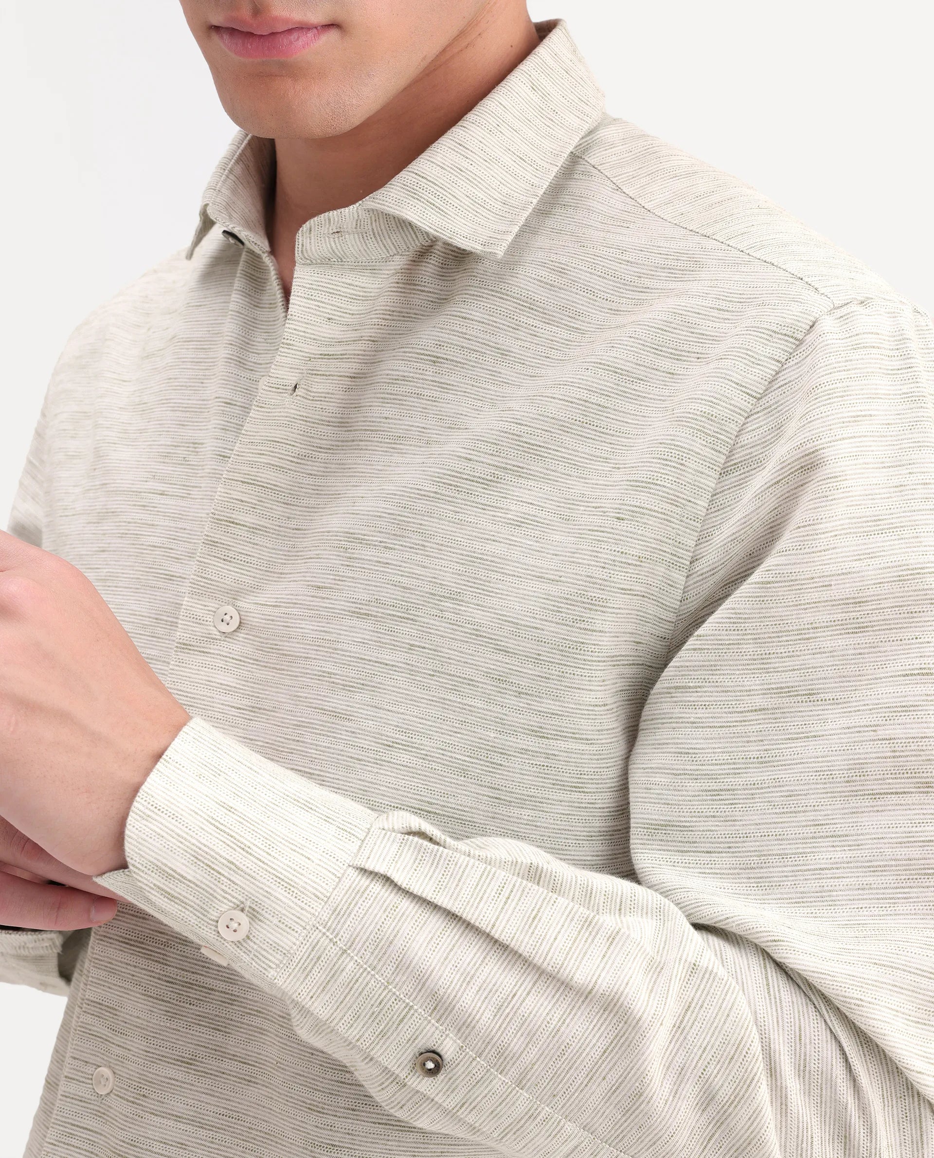Rare Rabbit Men's Frit Dusky Green Linen Blend Fabric Full Sleeve Regular Fit Textured Shirt