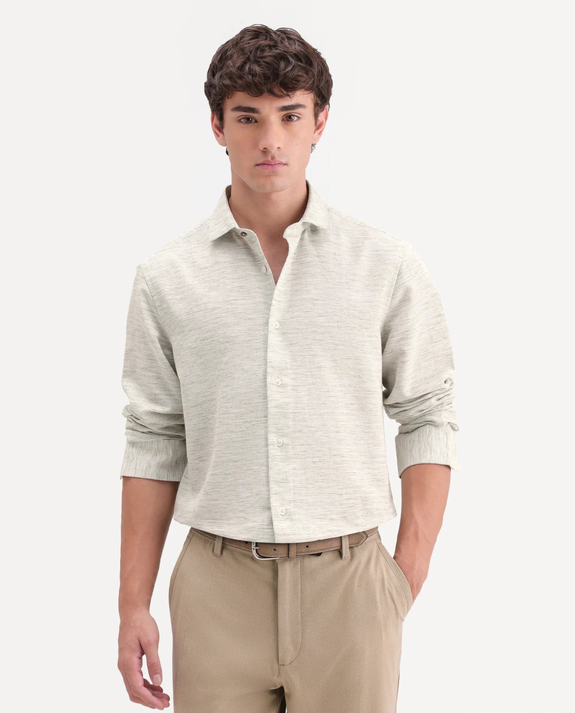 Rare Rabbit Men's Frit Dusky Green Linen Blend Fabric Full Sleeve Regular Fit Textured Shirt