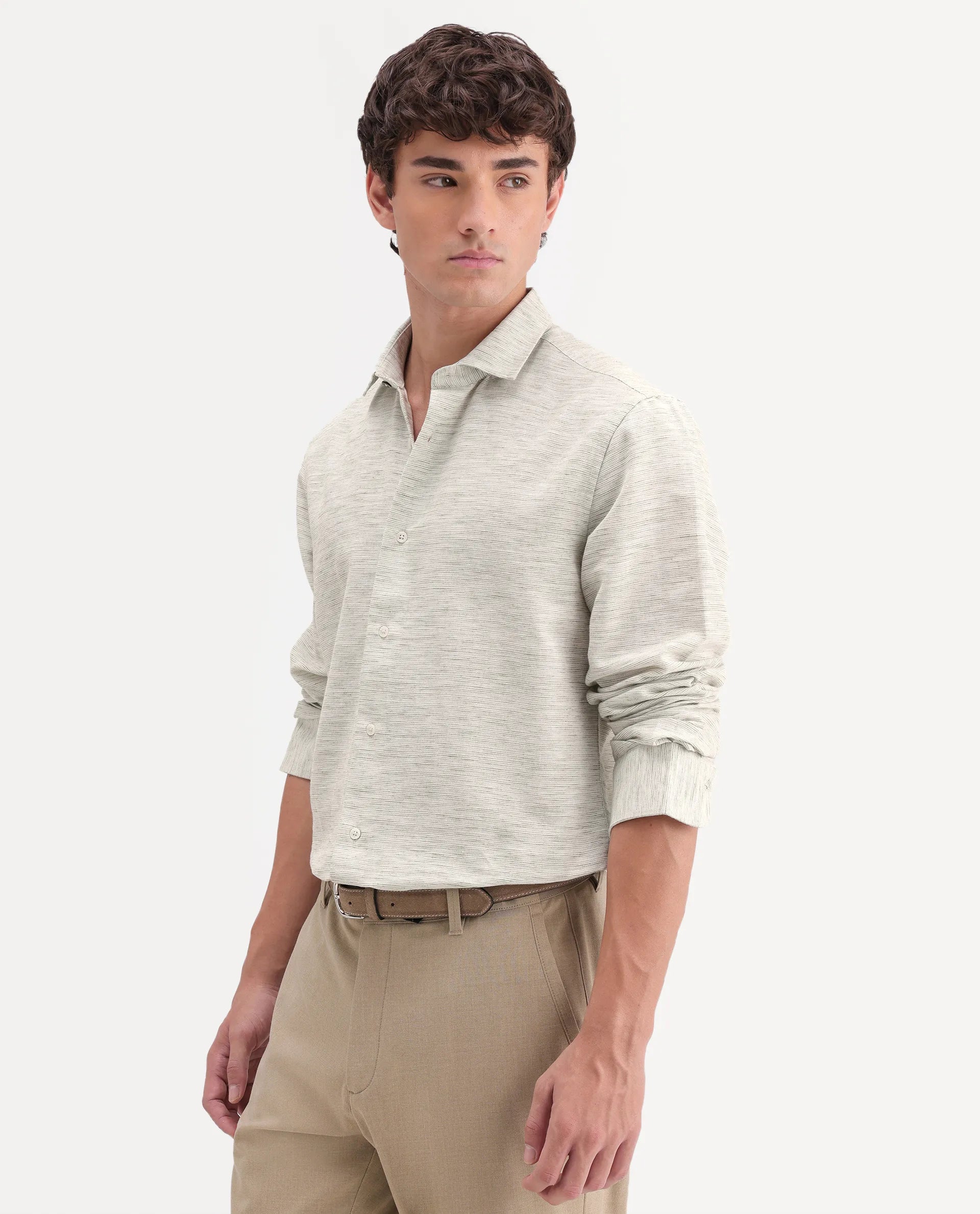 Rare Rabbit Men's Frit Dusky Green Linen Blend Fabric Full Sleeve Regular Fit Textured Shirt
