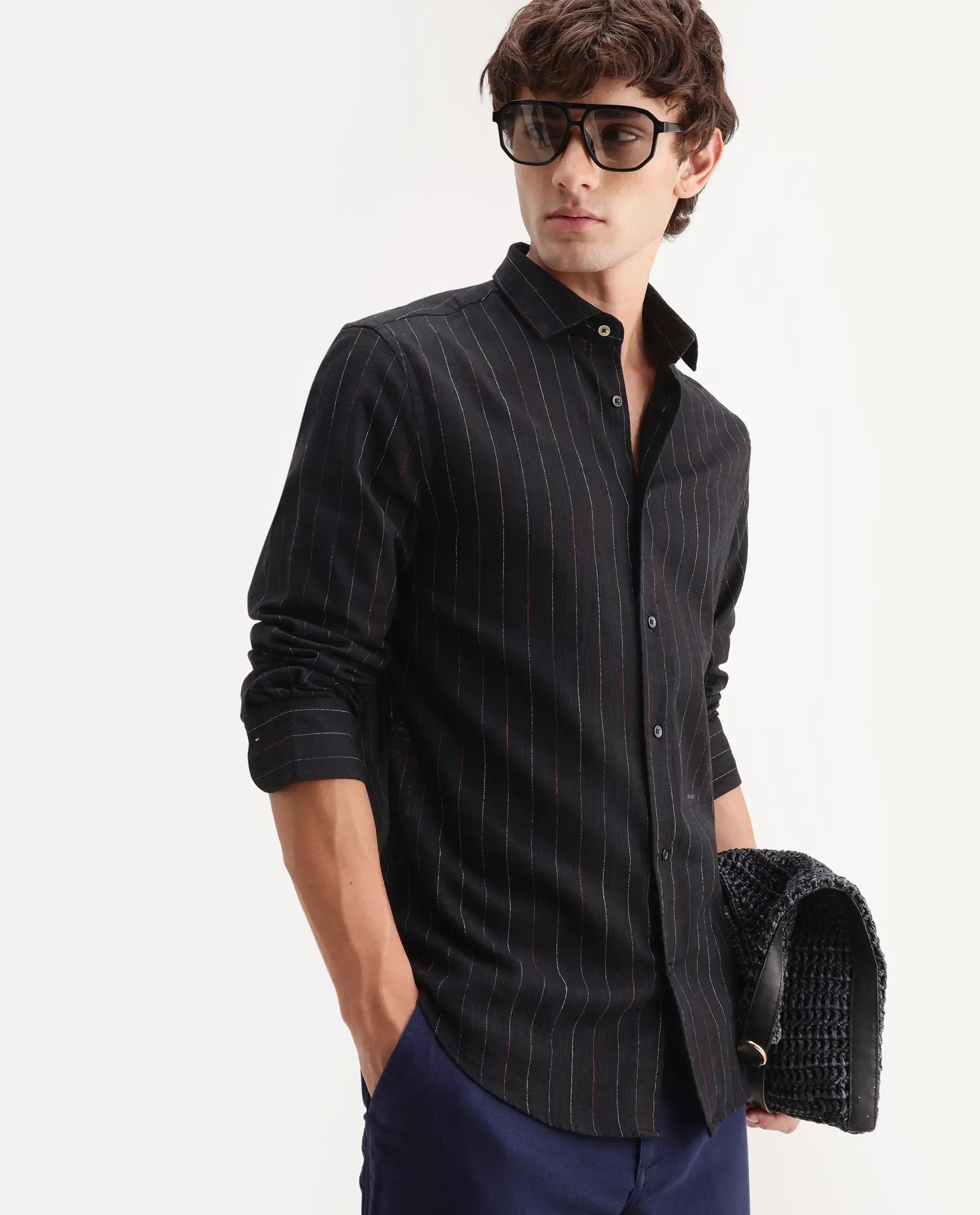 Rare Rabbit Men's Enoch Black Cotton Blend Fabric Full Sleeve Regular Fit Striped Shirt