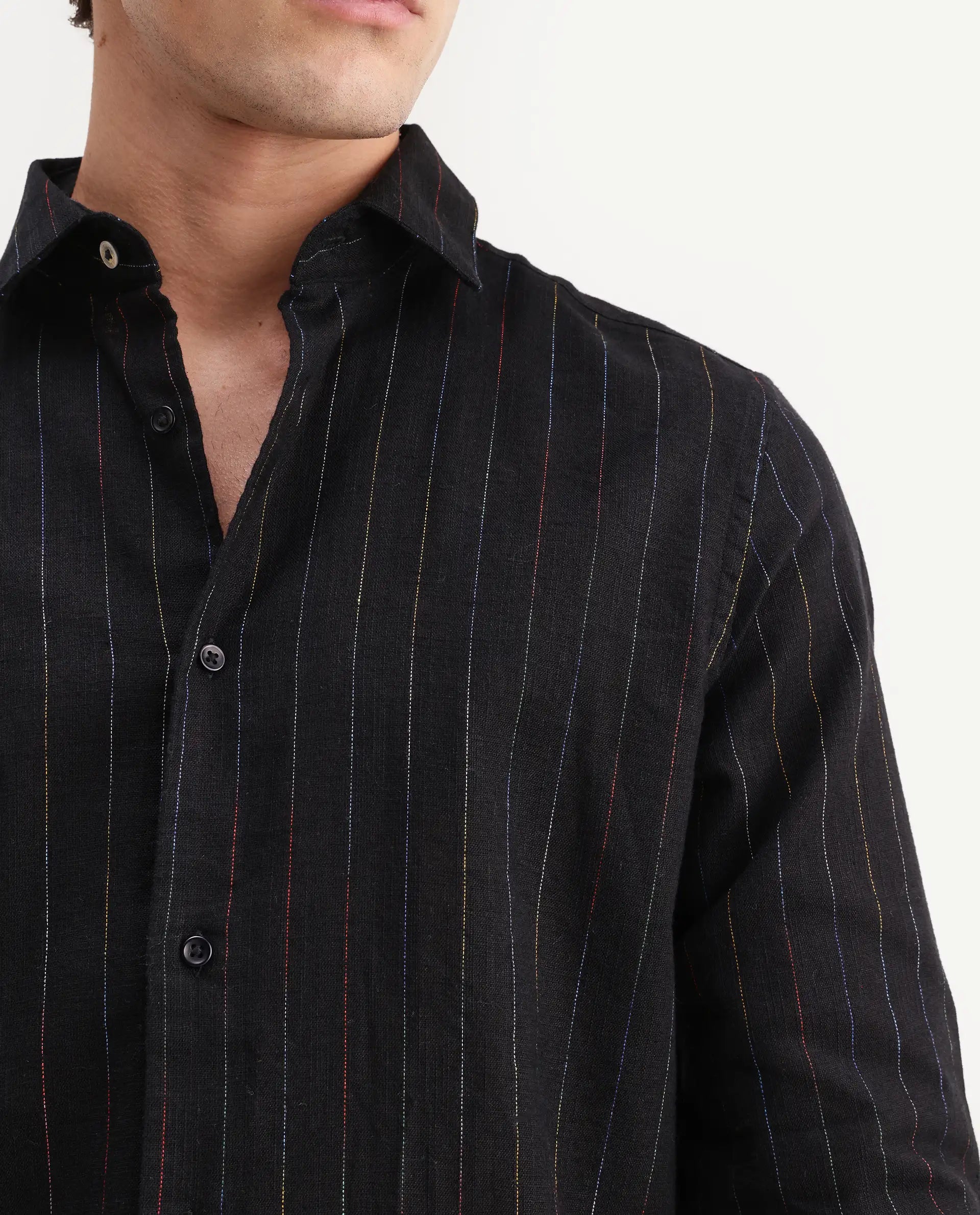 Rare Rabbit Men's Enoch Black Cotton Blend Fabric Full Sleeve Regular Fit Striped Shirt