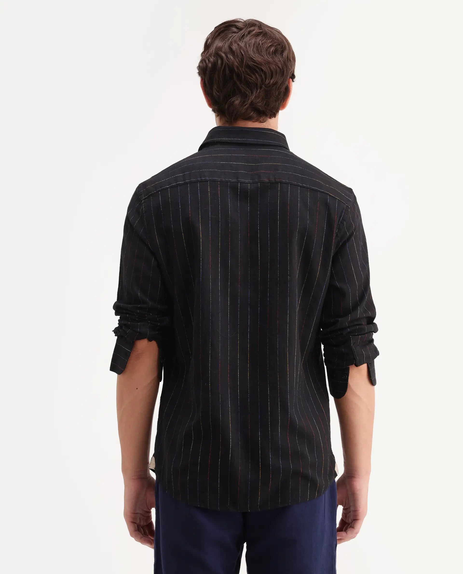 Rare Rabbit Men's Enoch Black Cotton Blend Fabric Full Sleeve Regular Fit Striped Shirt