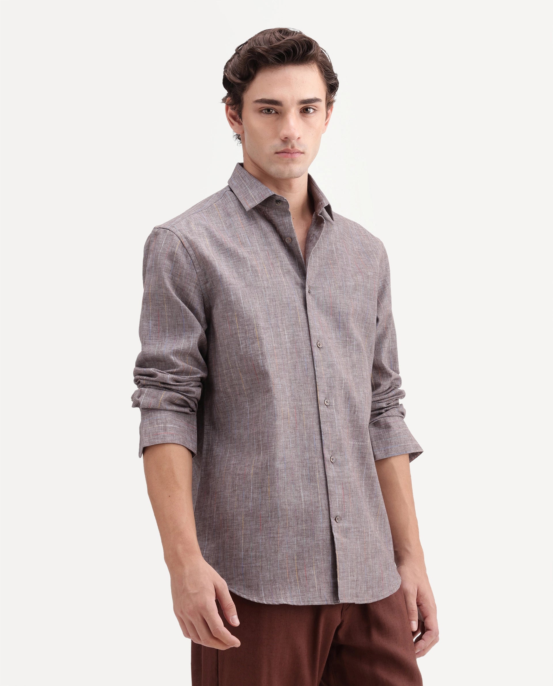 Rare Rabbit Men's Terah Dusky Brown Cotton Blend Fabric Full Sleeve Regular Fit Shirt