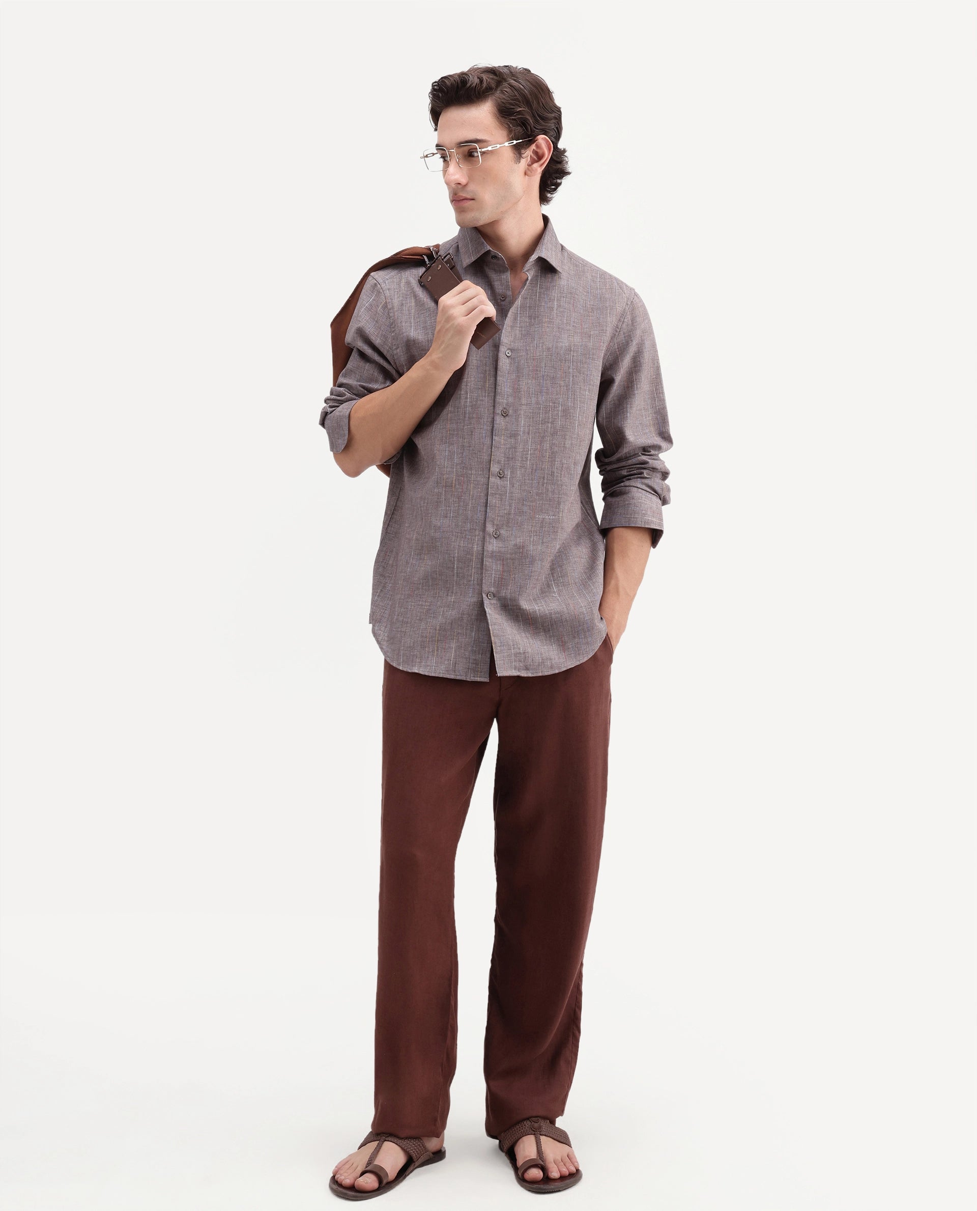 Rare Rabbit Men's Terah Dusky Brown Cotton Blend Fabric Full Sleeve Regular Fit Shirt