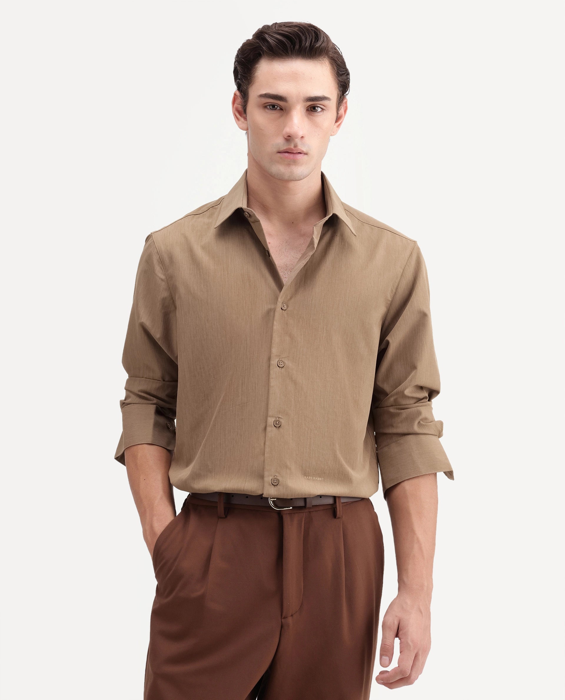 Rare Rabbit Men's Edom-T Light Brown Polyester Blend Fabric Full Sleeve Regular Fit Shirt