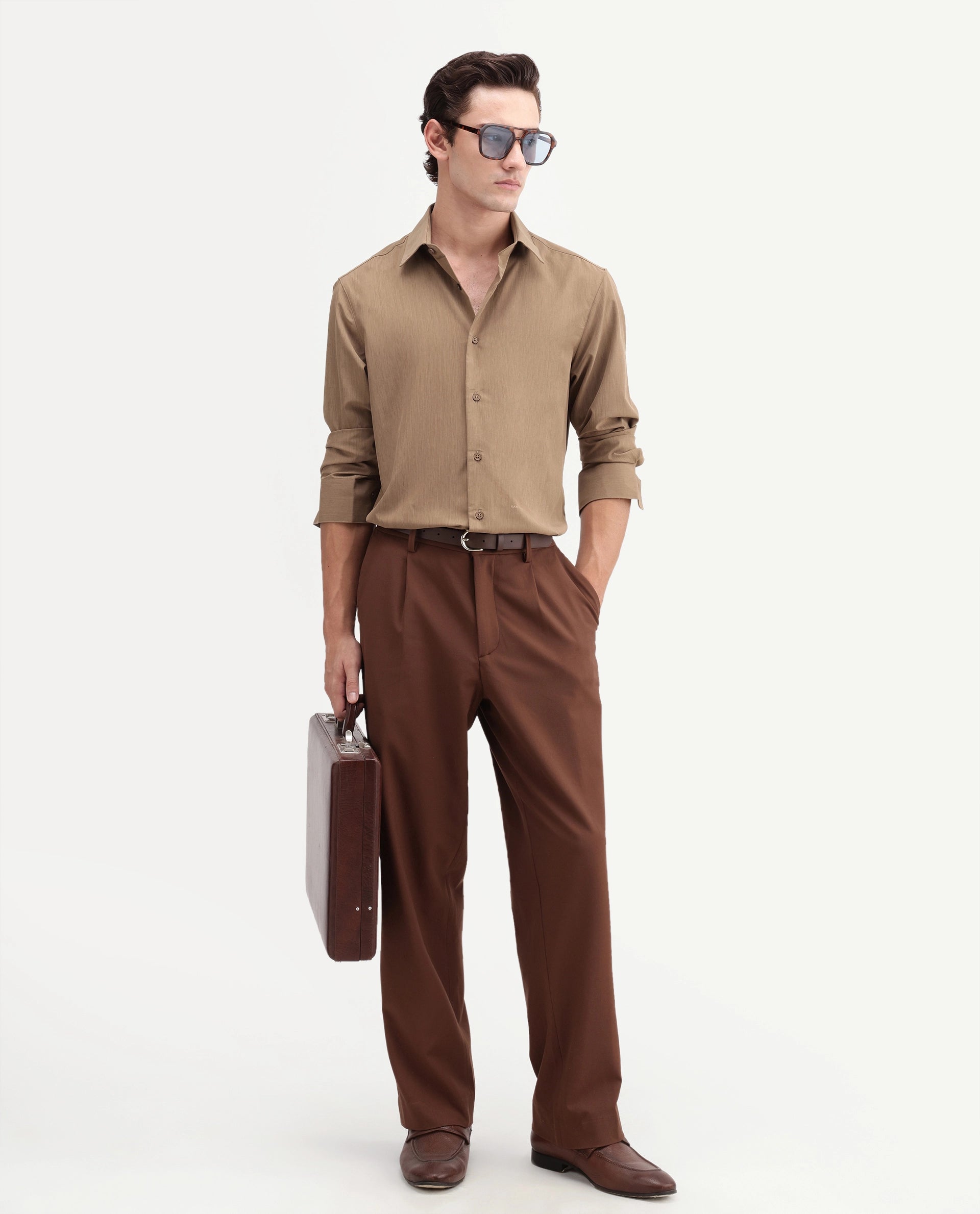 Rare Rabbit Men's Edom-T Light Brown Polyester Blend Fabric Full Sleeve Regular Fit Shirt
