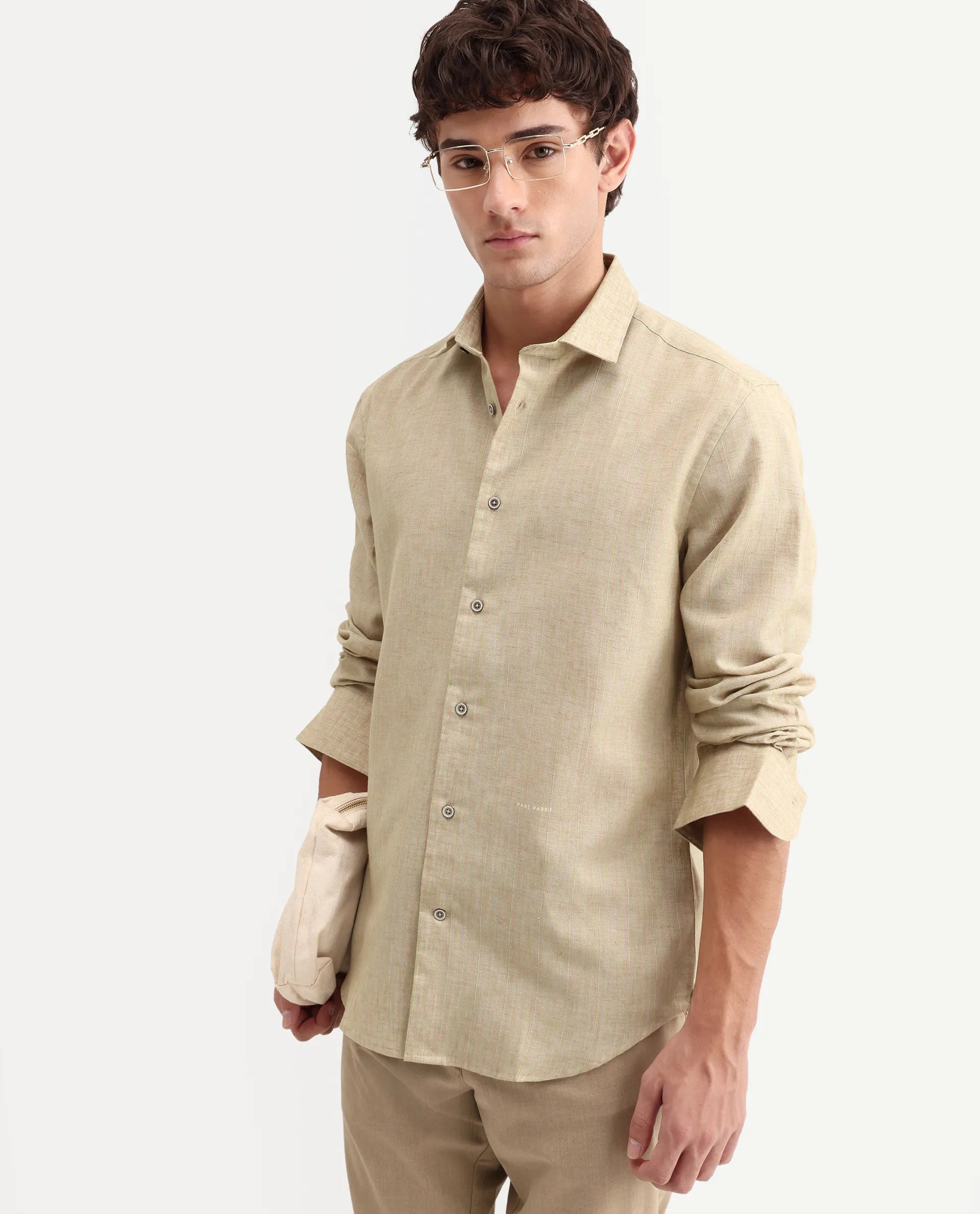 Rare Rabbit Men's Nimrod Flouroscent Green Cotton Blend Fabric Full Sleeve Regular Fit Striped Shirt
