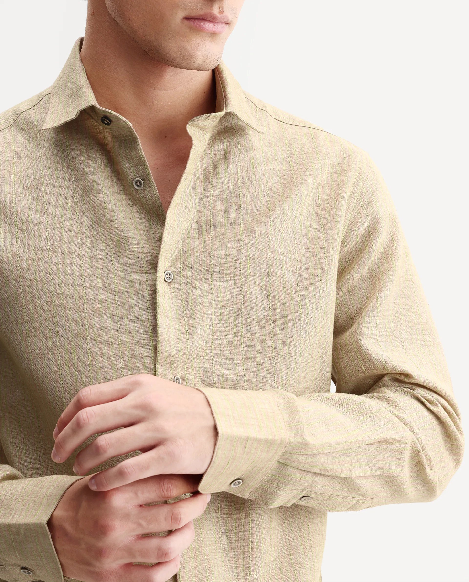 Rare Rabbit Men's Nimrod Flouroscent Green Cotton Blend Fabric Full Sleeve Regular Fit Striped Shirt