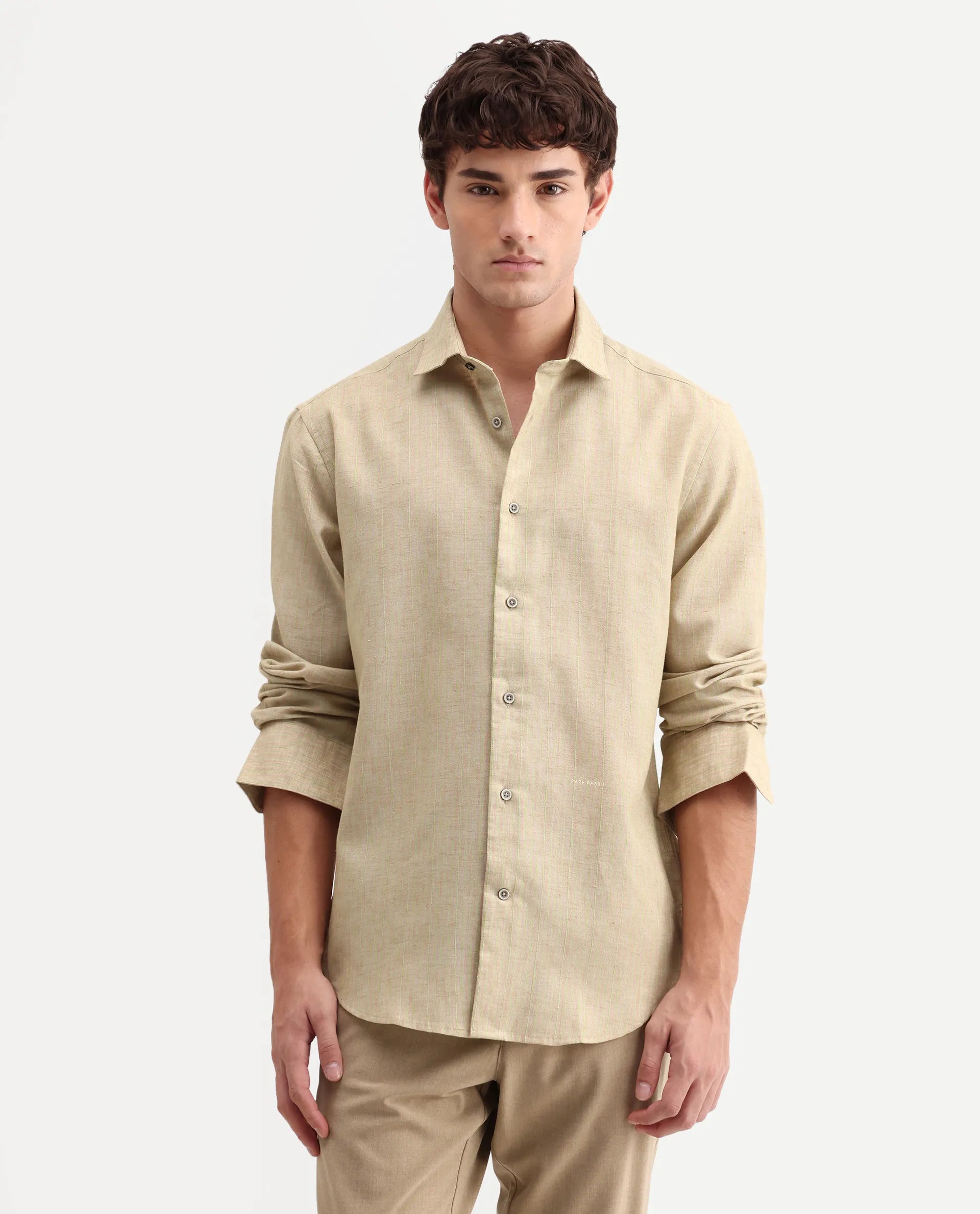 Rare Rabbit Men's Nimrod Flouroscent Green Cotton Blend Fabric Full Sleeve Regular Fit Striped Shirt