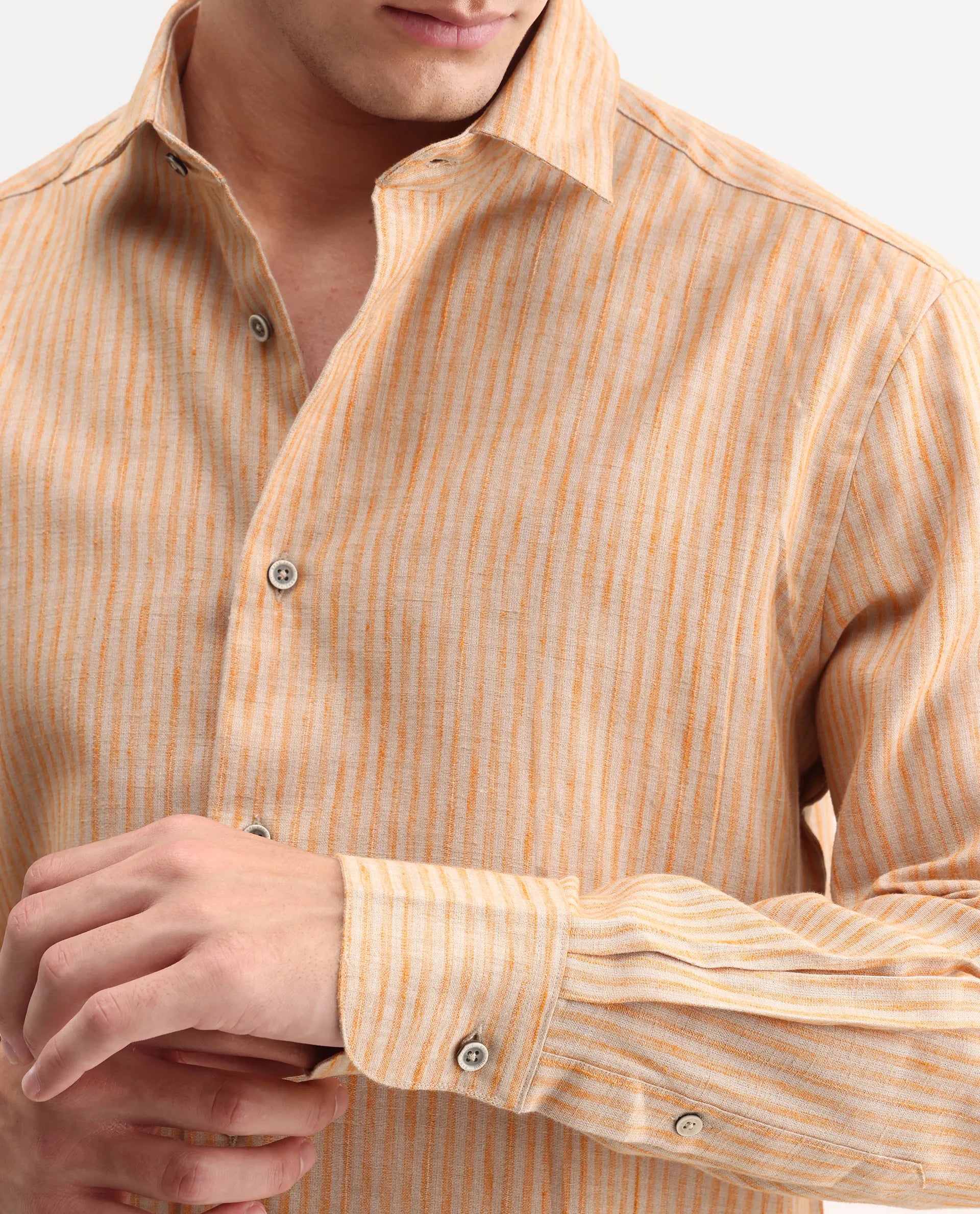 Rare Rabbit Men's Nimrod Flouroscent Orange Cotton Blend Fabric Full Sleeve Regular Fit Striped Shirt