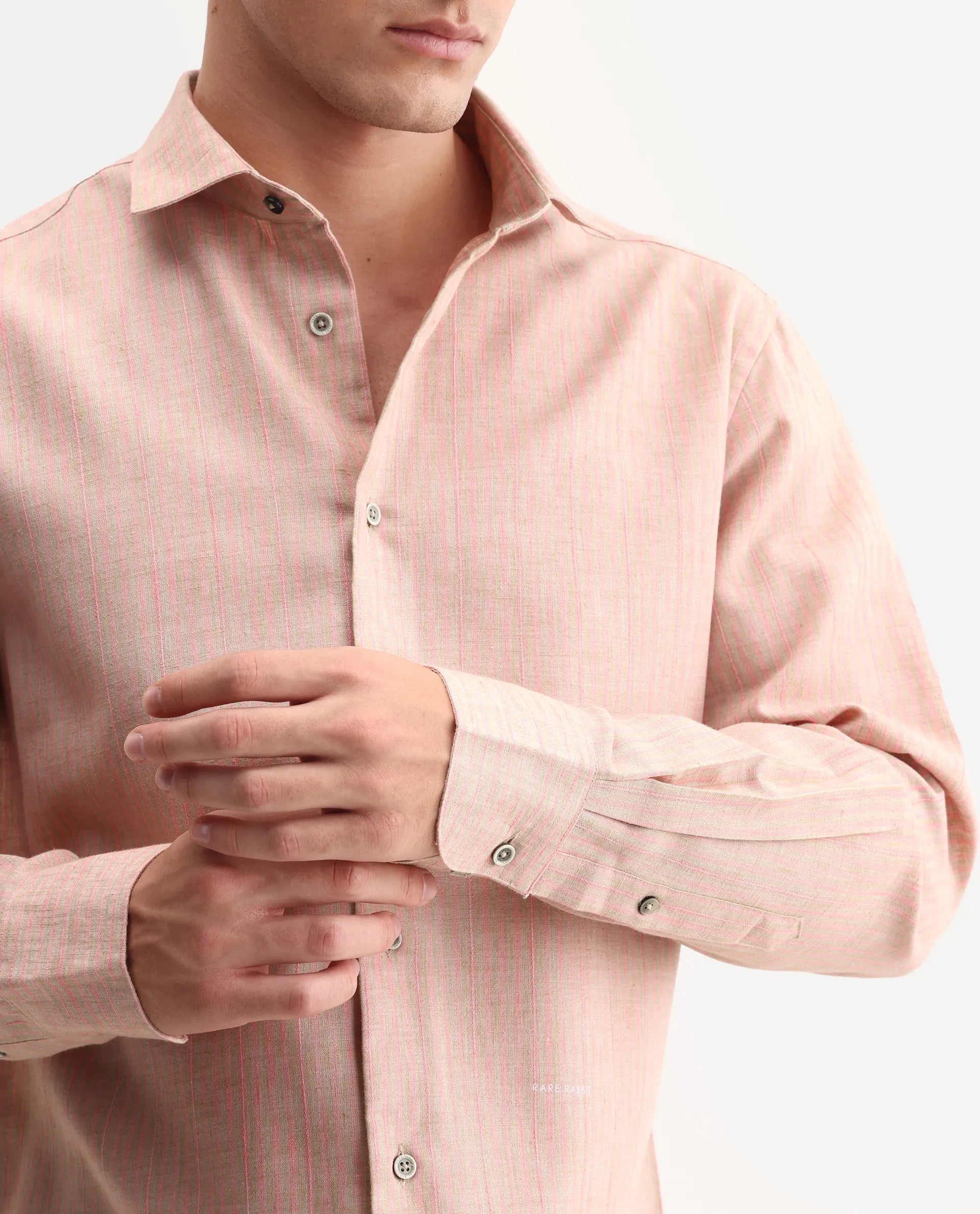 Rare Rabbit Men's Nimrod Flouroscent Pink Cotton Blend Fabric Full Sleeve Regular Fit Striped Shirt