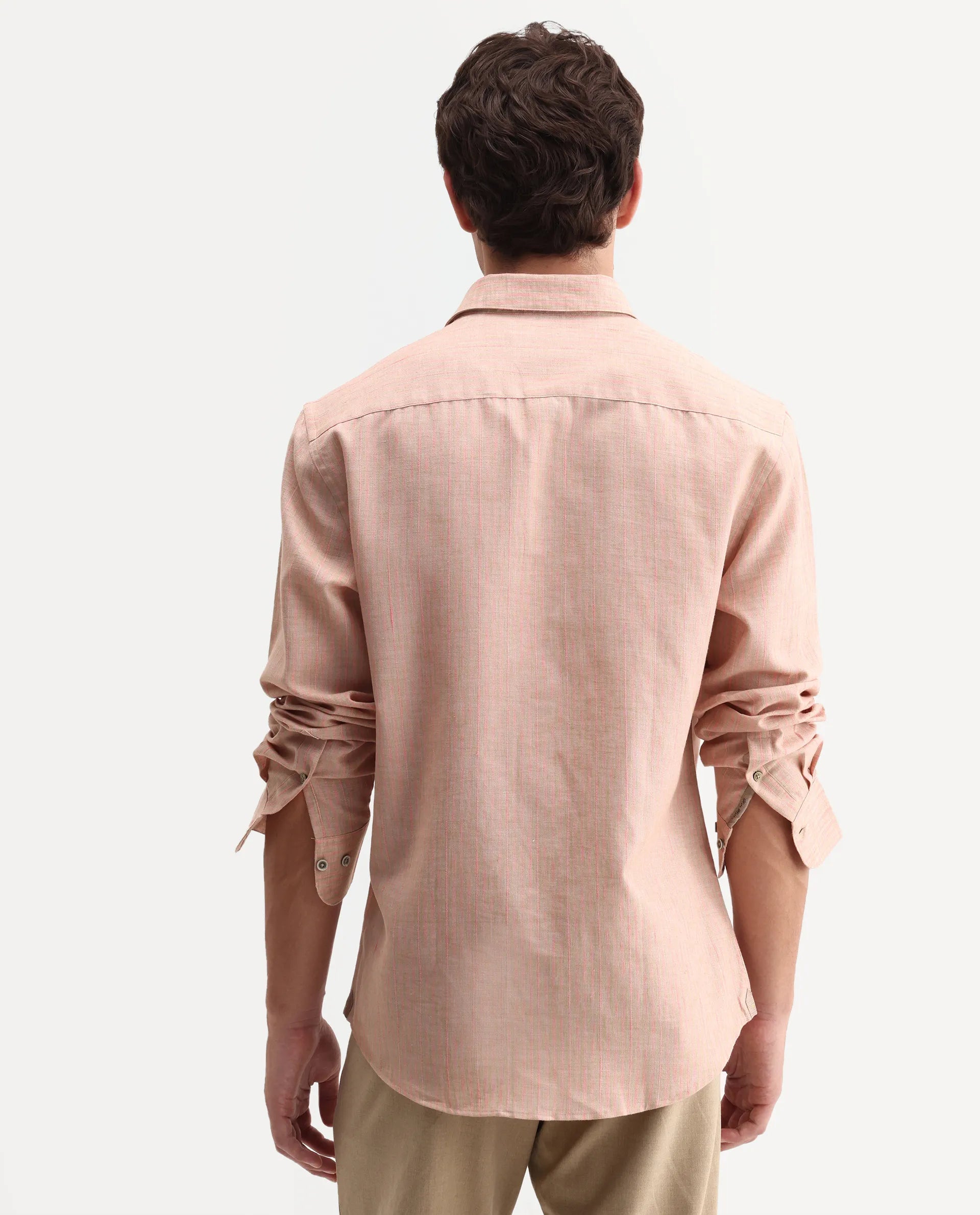 Rare Rabbit Men's Nimrod Flouroscent Pink Cotton Blend Fabric Full Sleeve Regular Fit Striped Shirt