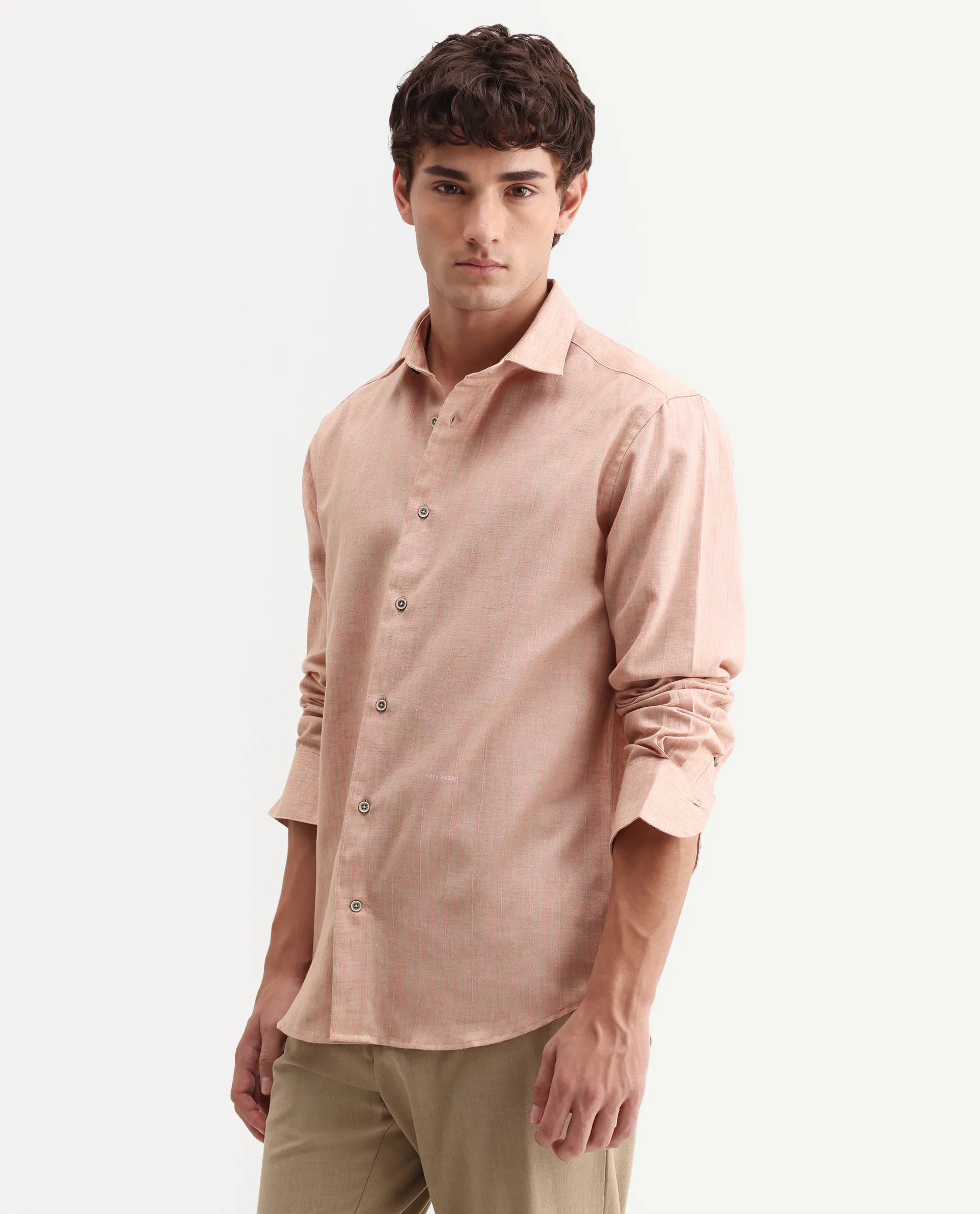 Rare Rabbit Men's Nimrod Flouroscent Pink Cotton Blend Fabric Full Sleeve Regular Fit Striped Shirt