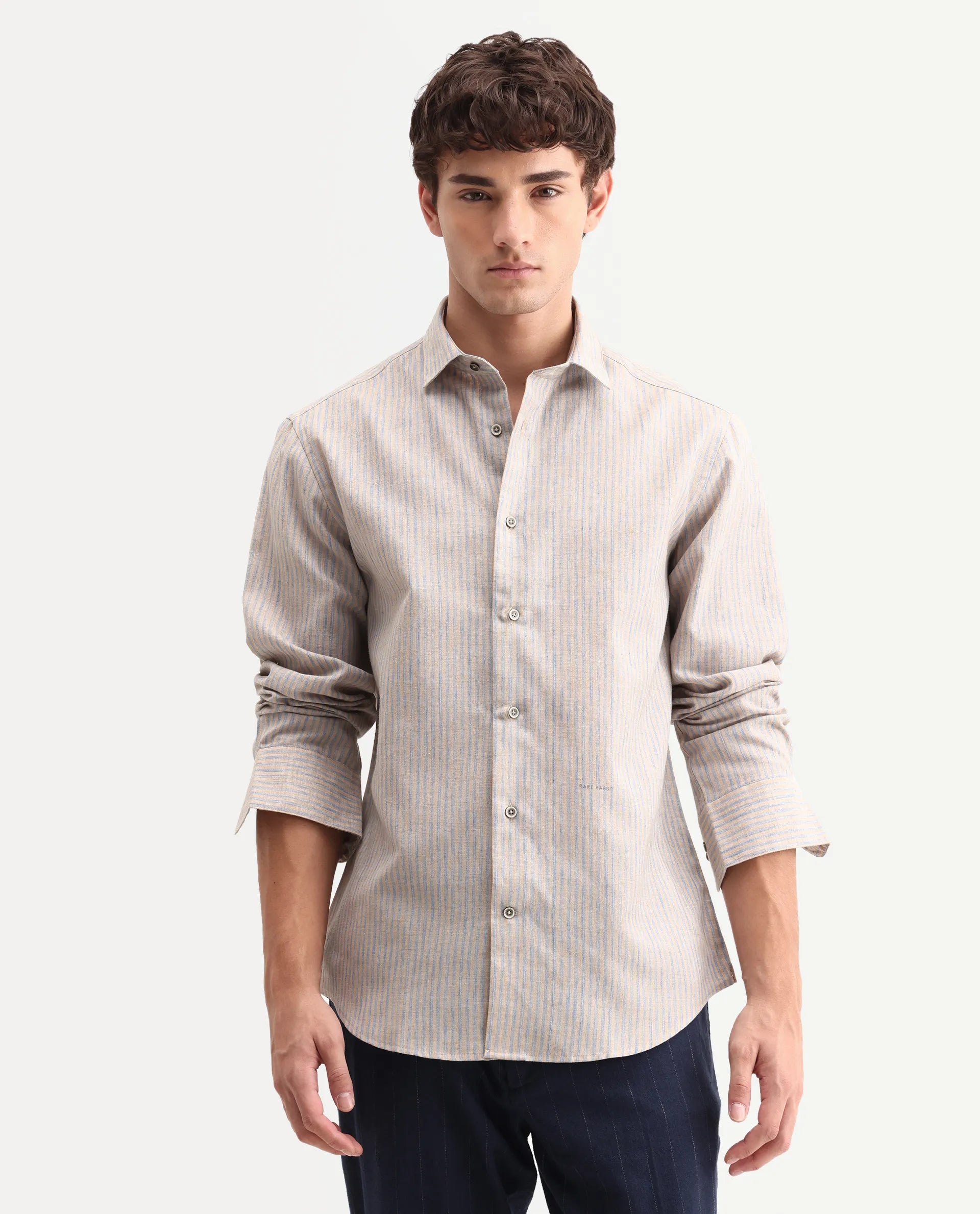 Rare Rabbit Men's Nimrod Flouroscent Blue Cotton Blend Fabric Full Sleeve Regular Fit Striped Shirt