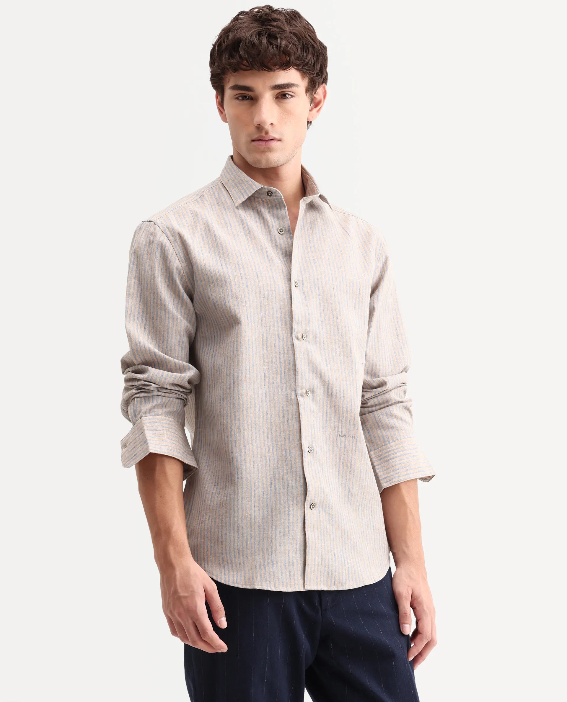 Rare Rabbit Men's Nimrod Flouroscent Blue Cotton Blend Fabric Full Sleeve Regular Fit Striped Shirt