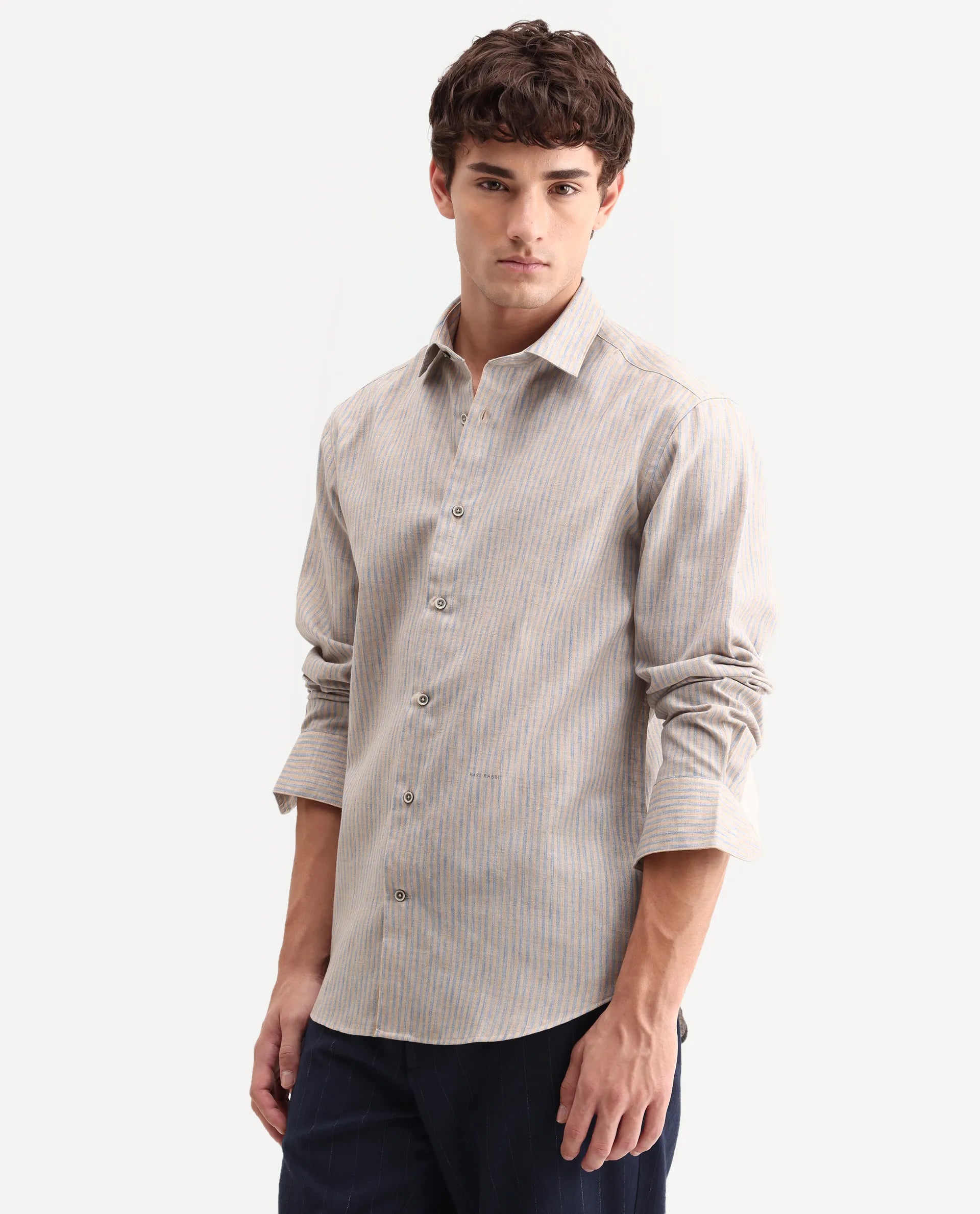Rare Rabbit Men's Nimrod Flouroscent Blue Cotton Blend Fabric Full Sleeve Regular Fit Striped Shirt