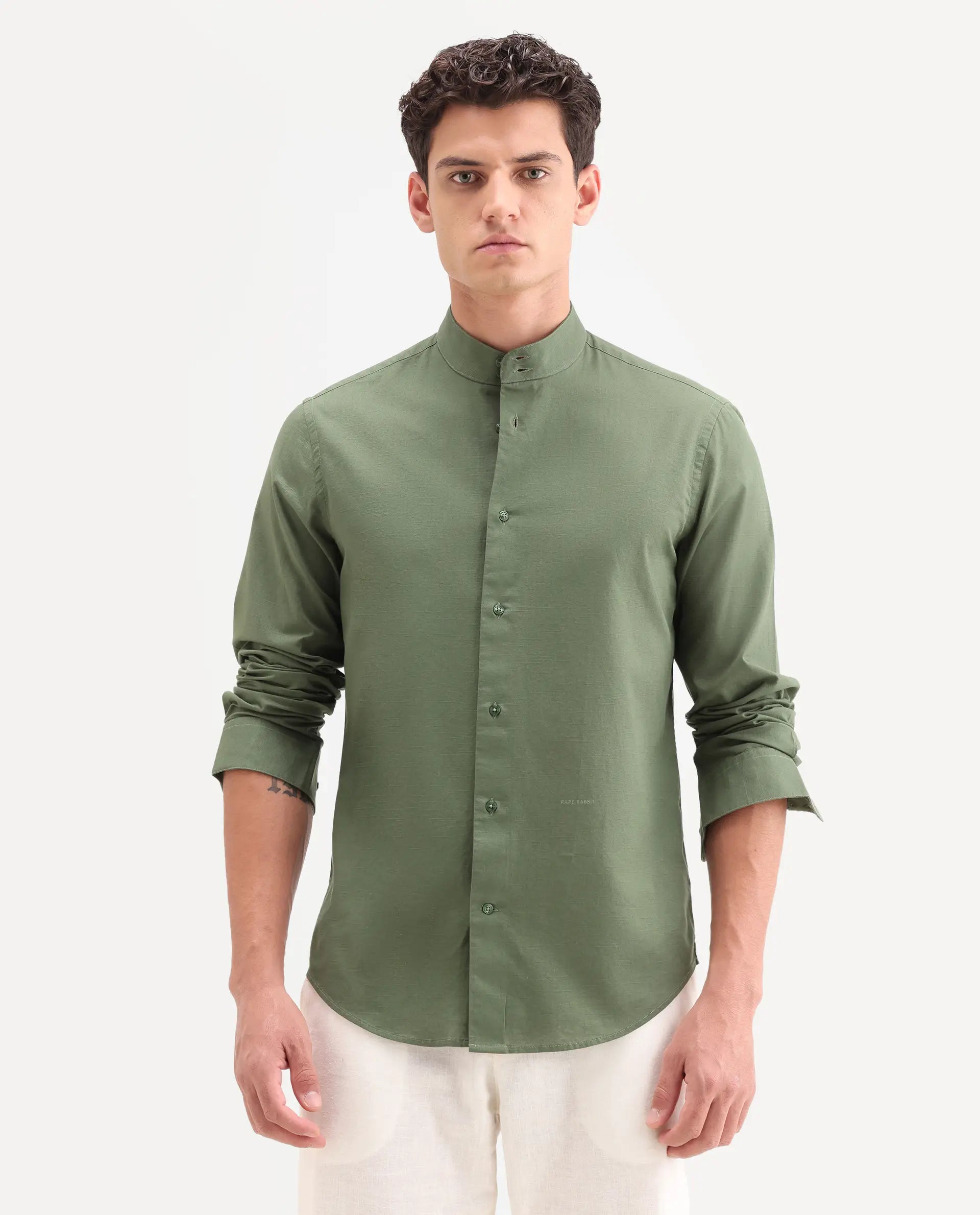 Rare Rabbit Men's Cadex Green Cotton Fabric Full Sleeve Mandarin Collar Regular Fit Plain Shirt