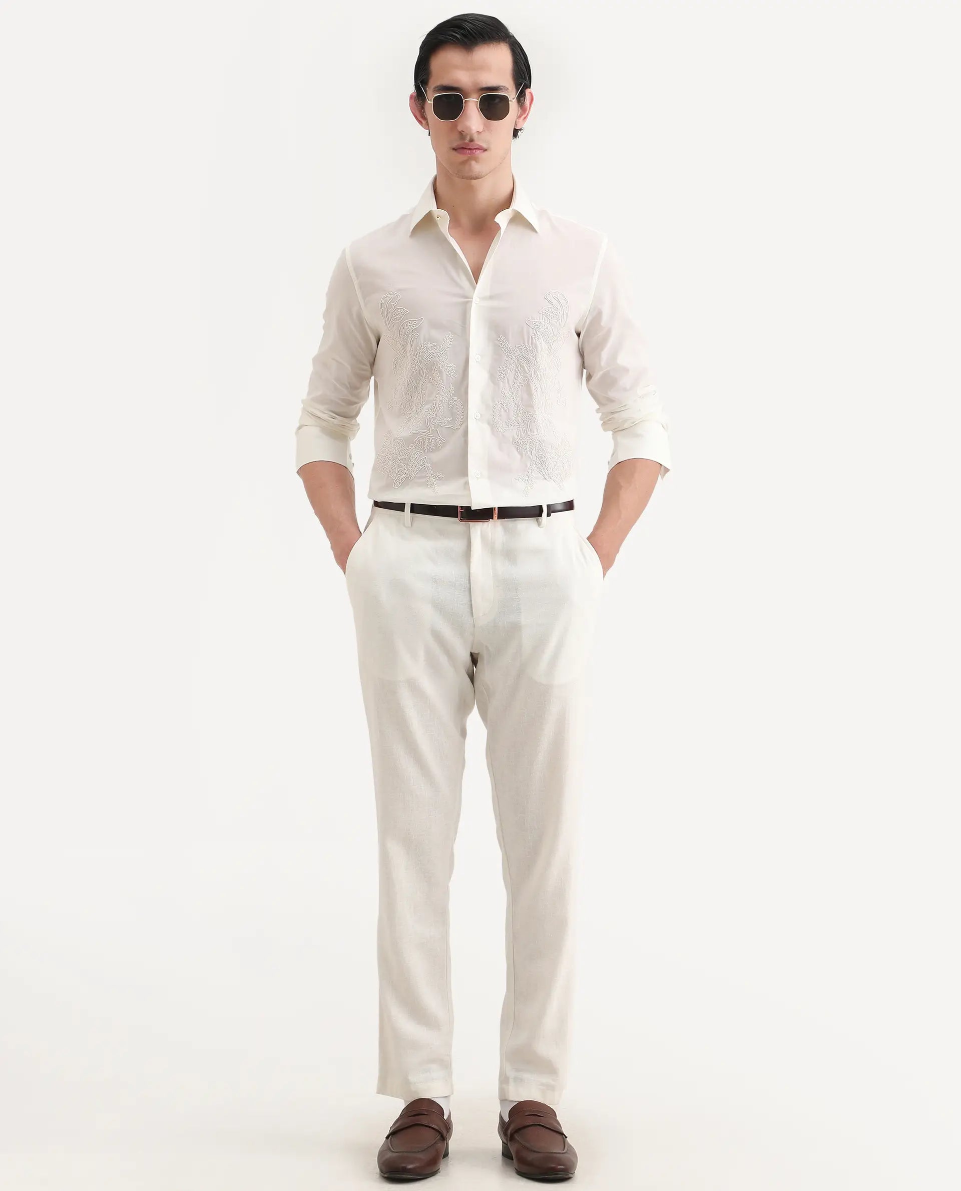 Rare Rabbit Men's Dori Off White Cotton Fabric Full Sleeves Collared Neck Button Closure Embroidered Shirt