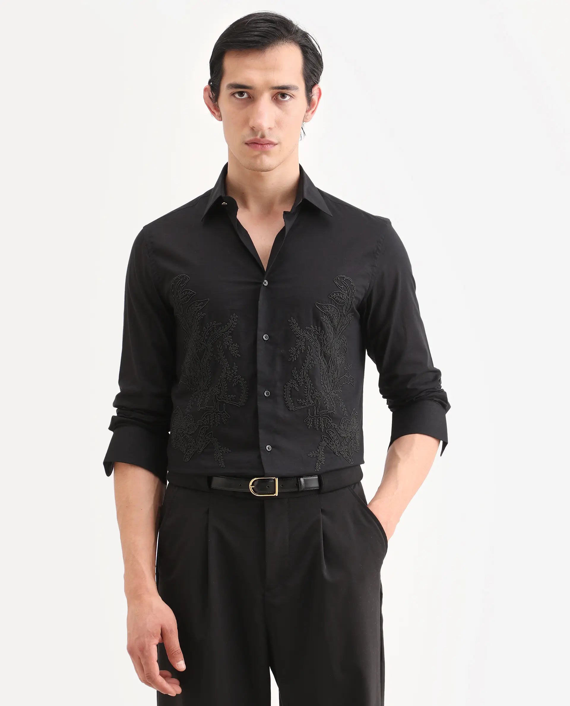 Rare Rabbit Men's Dori Black Cotton Fabric Full Sleeves Collared Neck Button Closure Embroidered Shirt