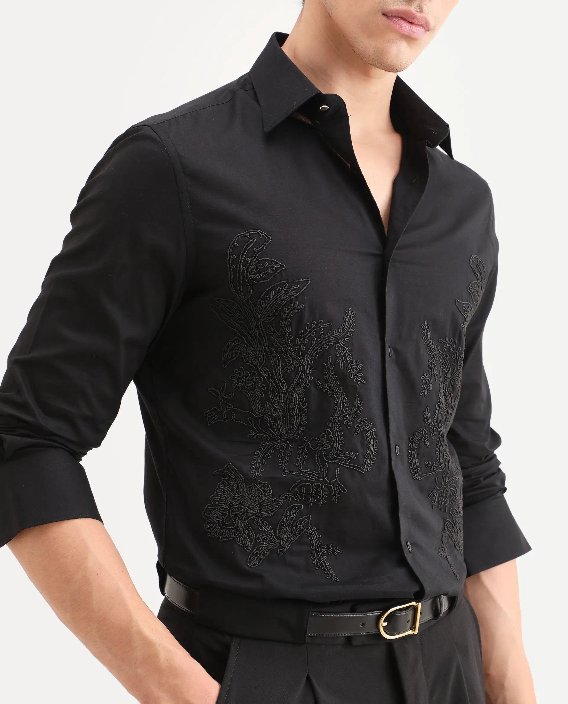 Rare Rabbit Men's Dori Black Cotton Fabric Full Sleeves Collared Neck Button Closure Embroidered Shirt