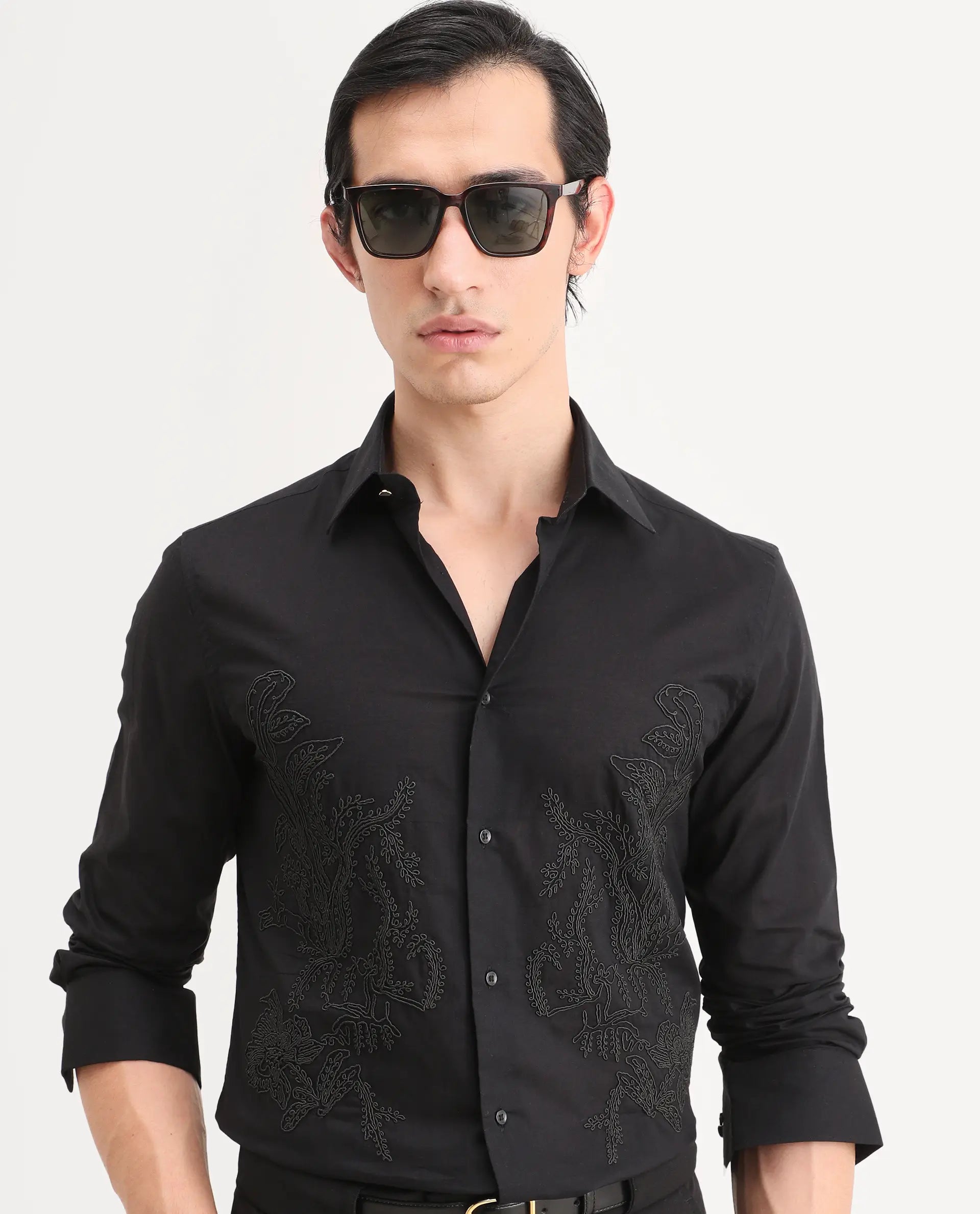 Rare Rabbit Men's Dori Black Cotton Fabric Full Sleeves Collared Neck Button Closure Embroidered Shirt