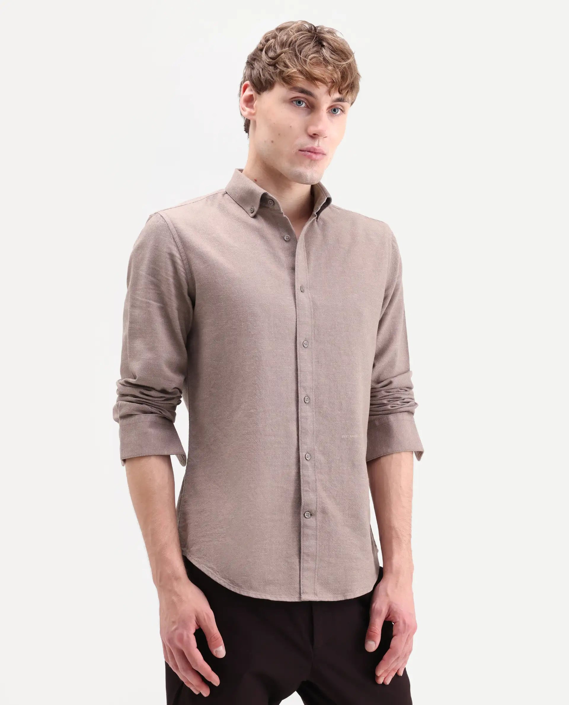 Rare Rabbit Men's Hax-P Pastel Brown Cotton Blend Fabric Full Sleeve Spread Collar Button Regular Plain Shirt
