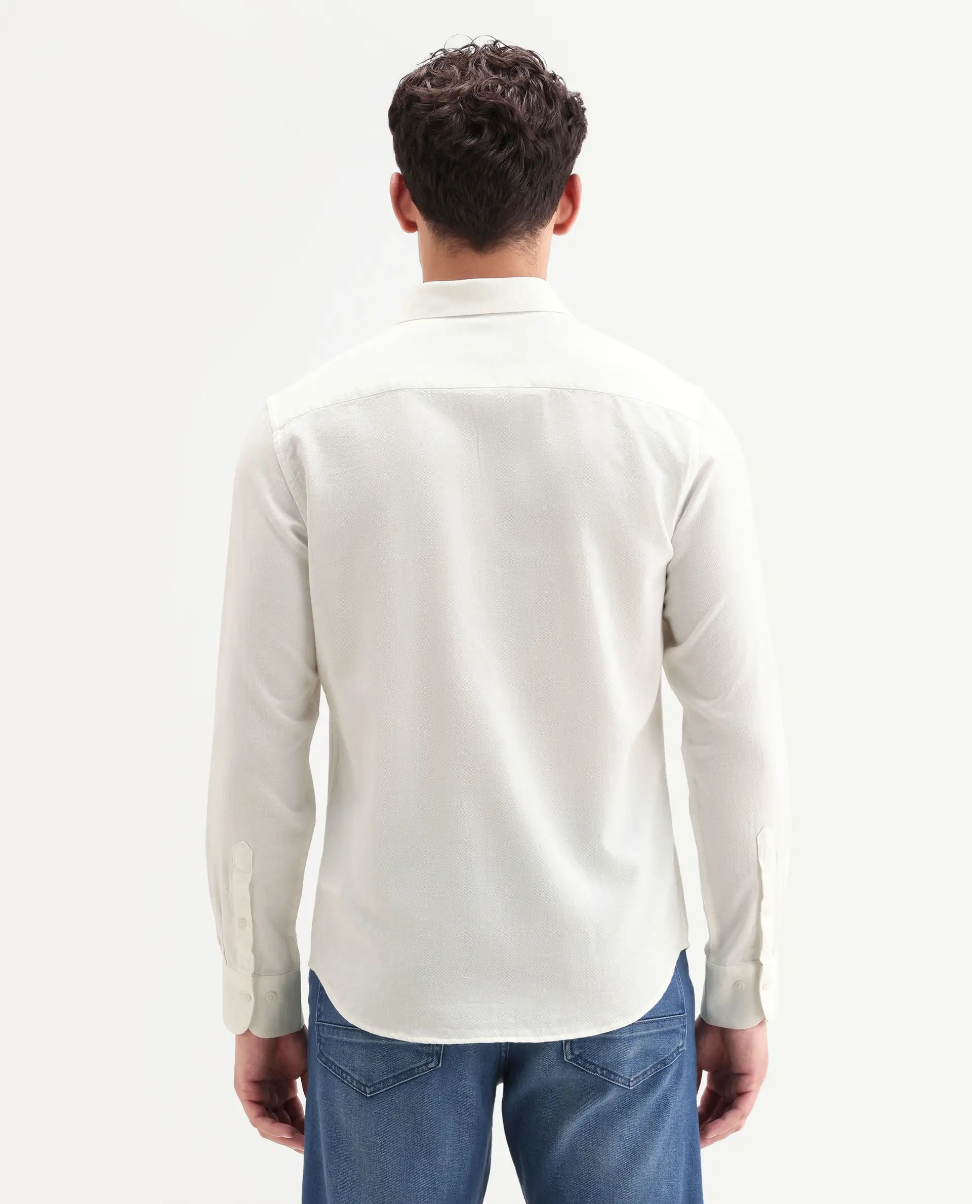 Rare Rabbit Men's Hax-P Off White Cotton Blend Fabric Full Sleeve Spread Collar Button Regular Plain Shirt