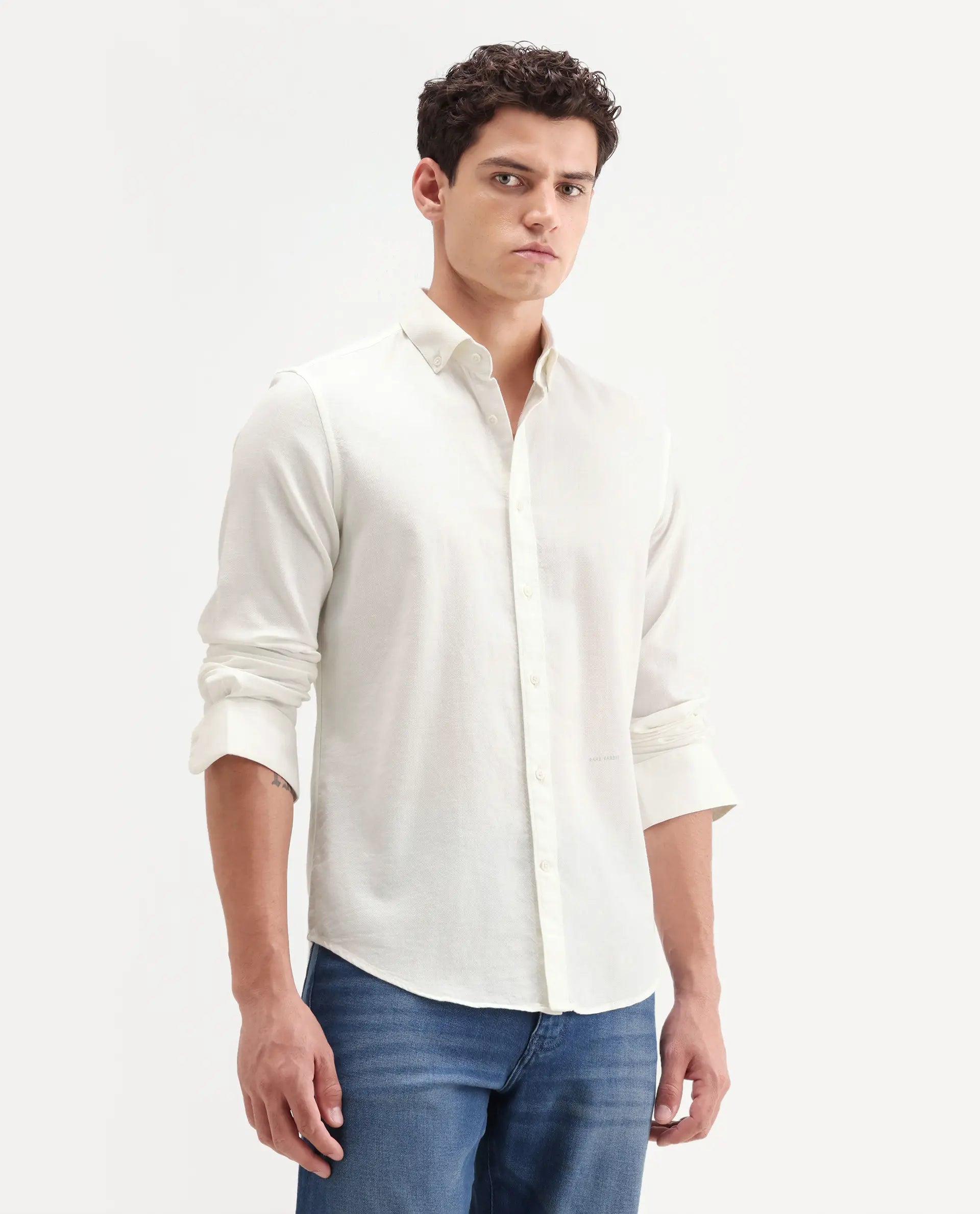 Rare Rabbit Men's Hax-P Off White Cotton Blend Fabric Full Sleeve Spread Collar Button Regular Plain Shirt