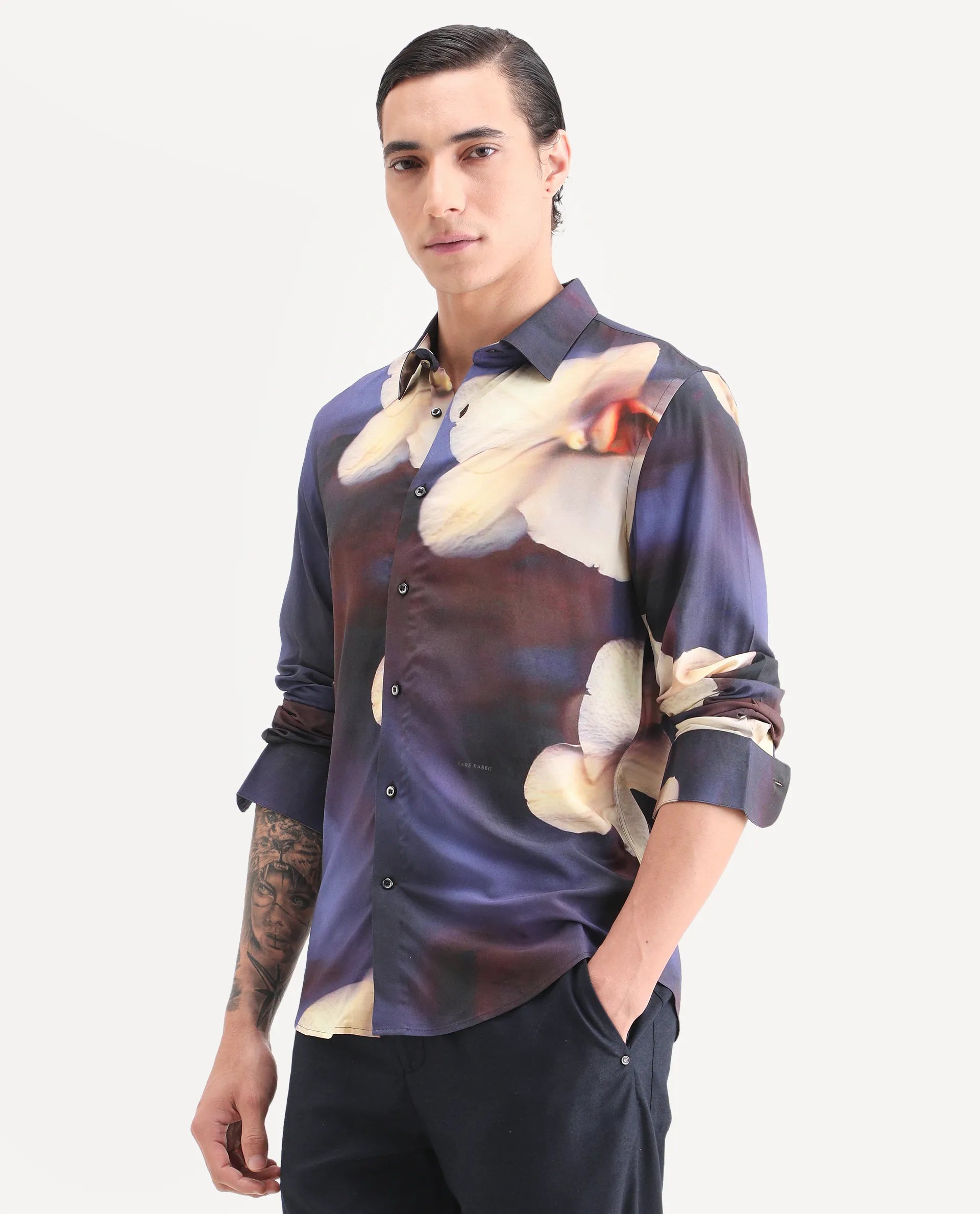 Rare Rabbit Men's Jemp 2 Purple Viscose Fabric Full Sleeve Spread Collar Regular Fit Floral Print Shirt