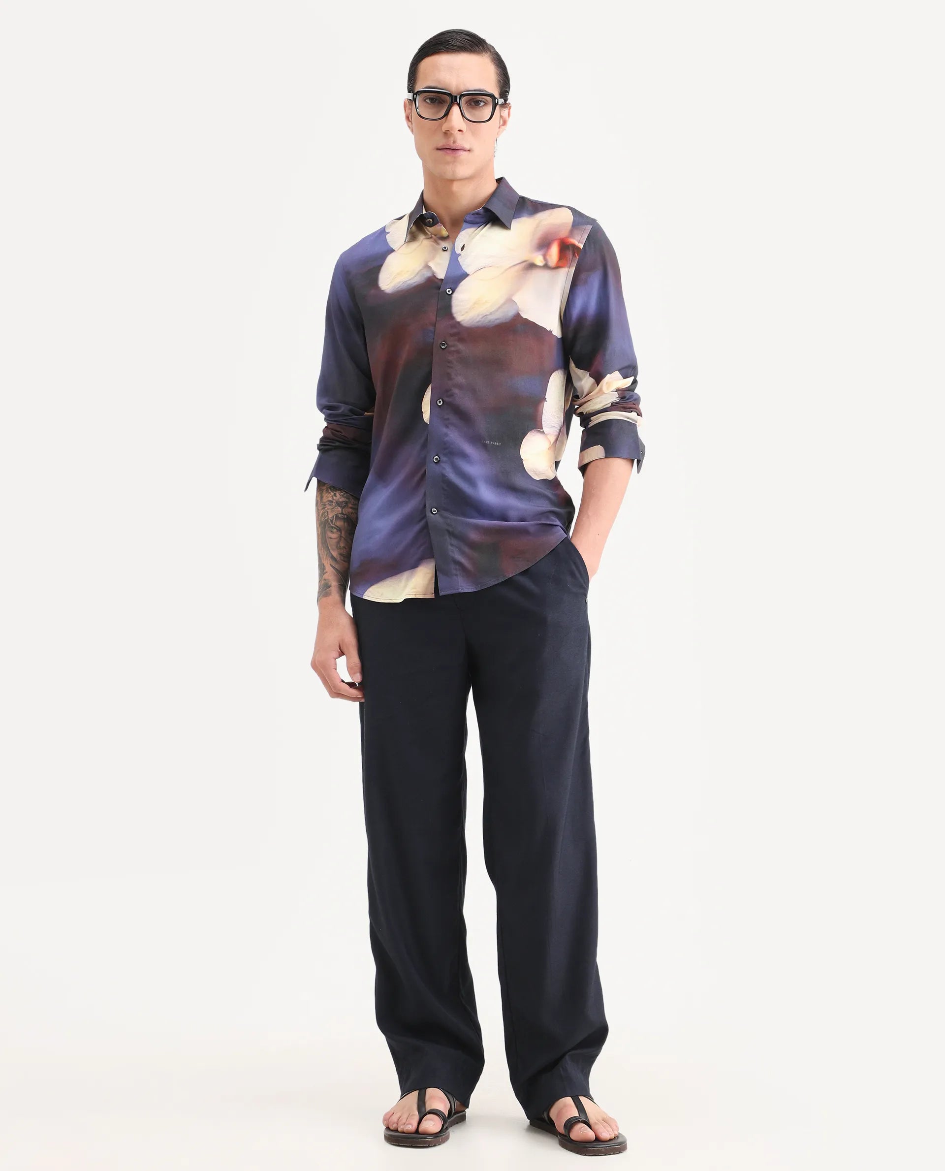Rare Rabbit Men's Jemp 2 Purple Viscose Fabric Full Sleeve Spread Collar Regular Fit Floral Print Shirt