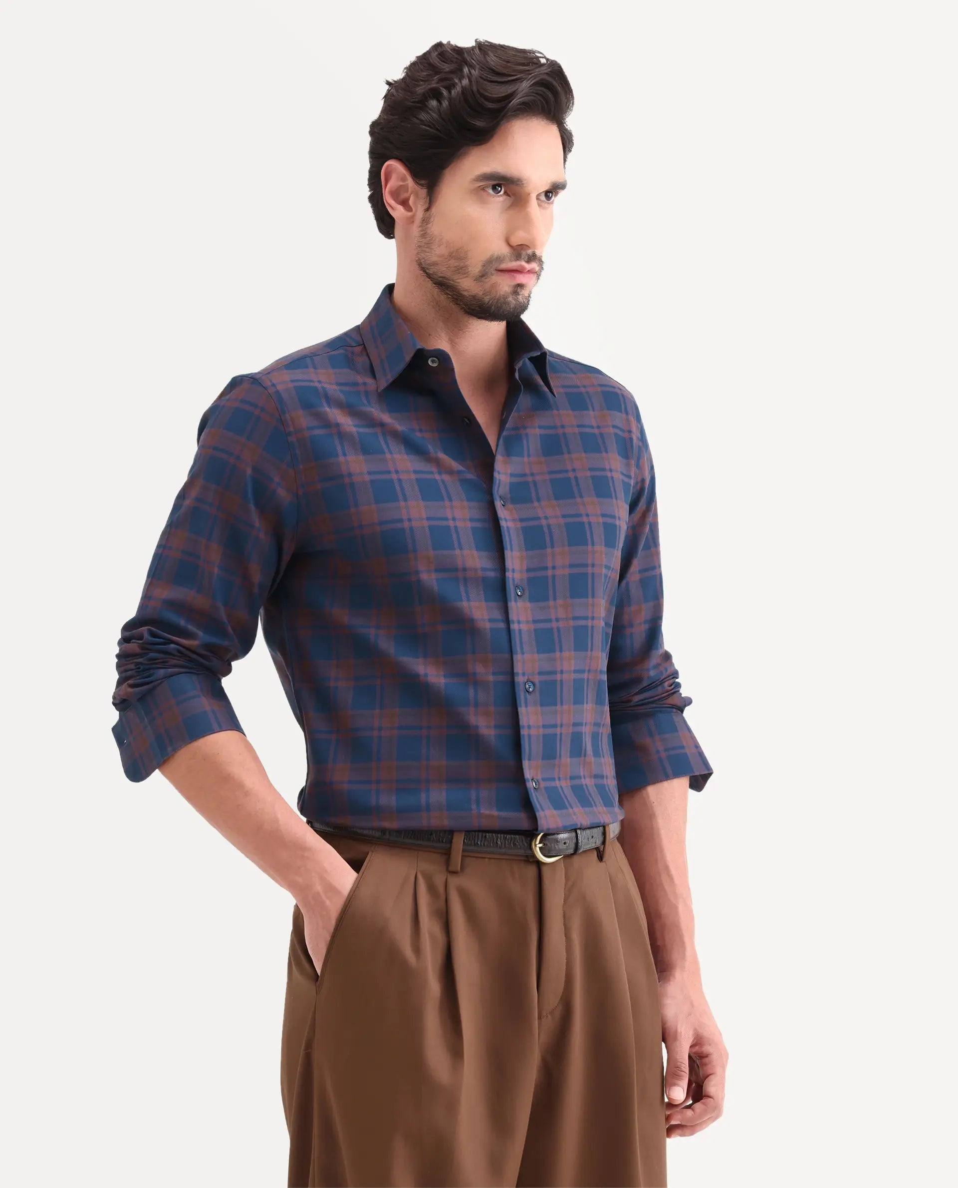 Rare Rabbit Men's Marin Navy Cotton Full Sleeve Spread Collar Regular Fit Checked Shirt