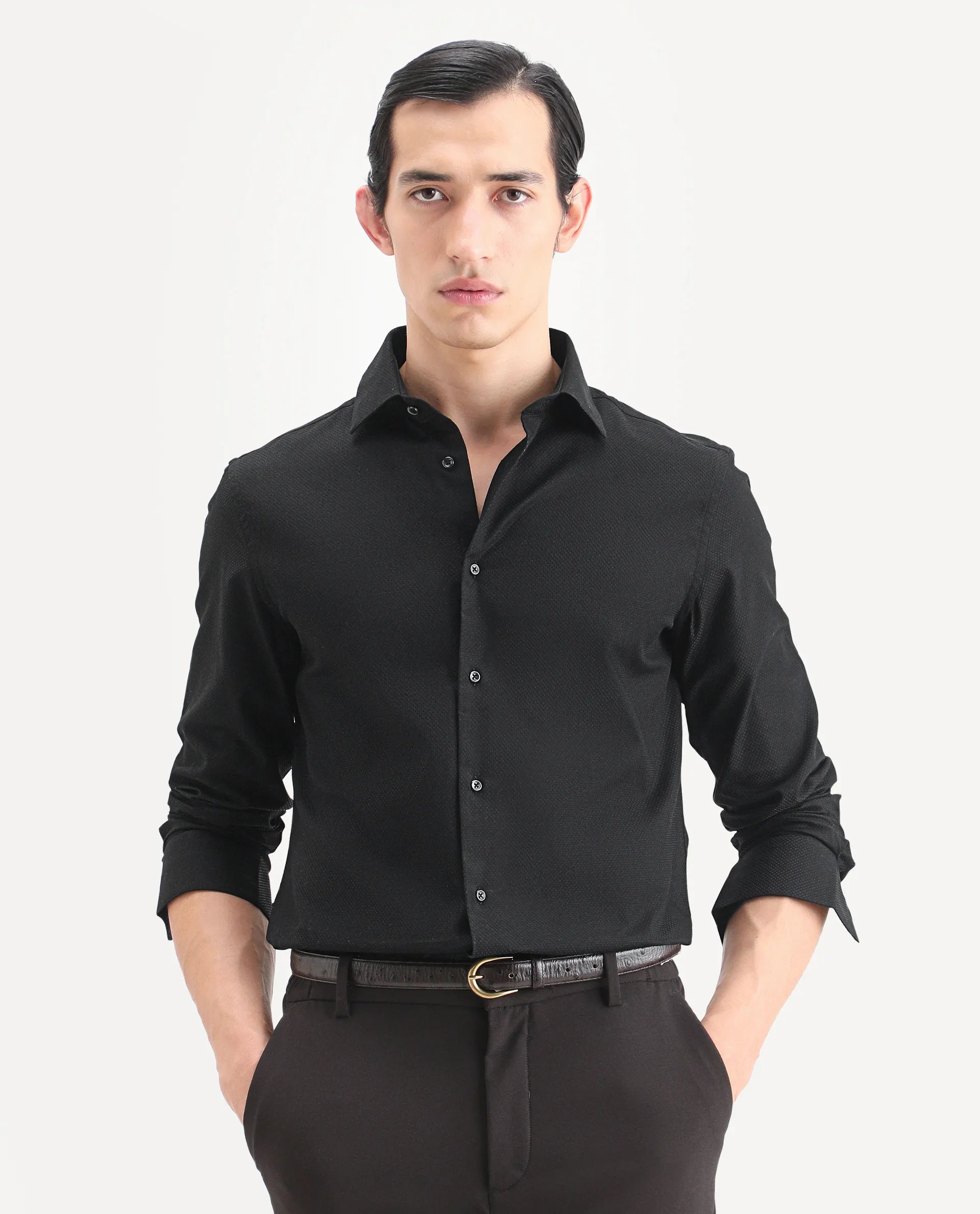 Rare Rabbit Men's Blene Black Cotton Full Sleeve Spread Collar Regular Fit Plain Shirt