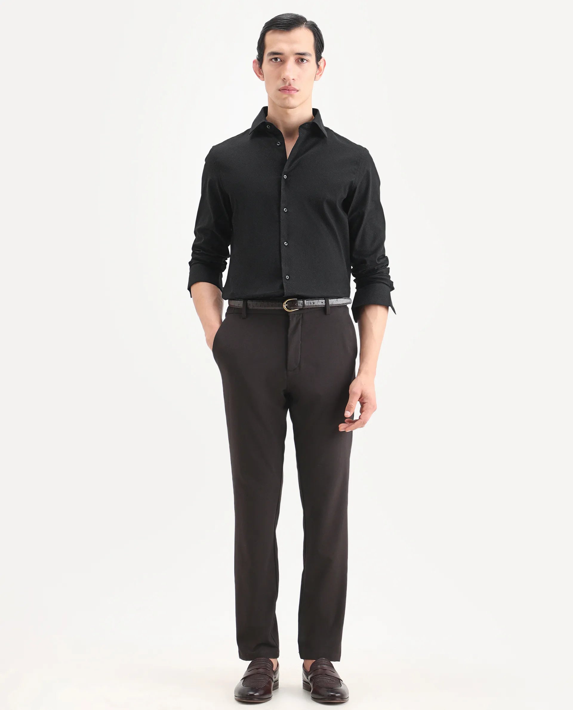 Rare Rabbit Men's Blene Black Cotton Full Sleeve Spread Collar Regular Fit Plain Shirt
