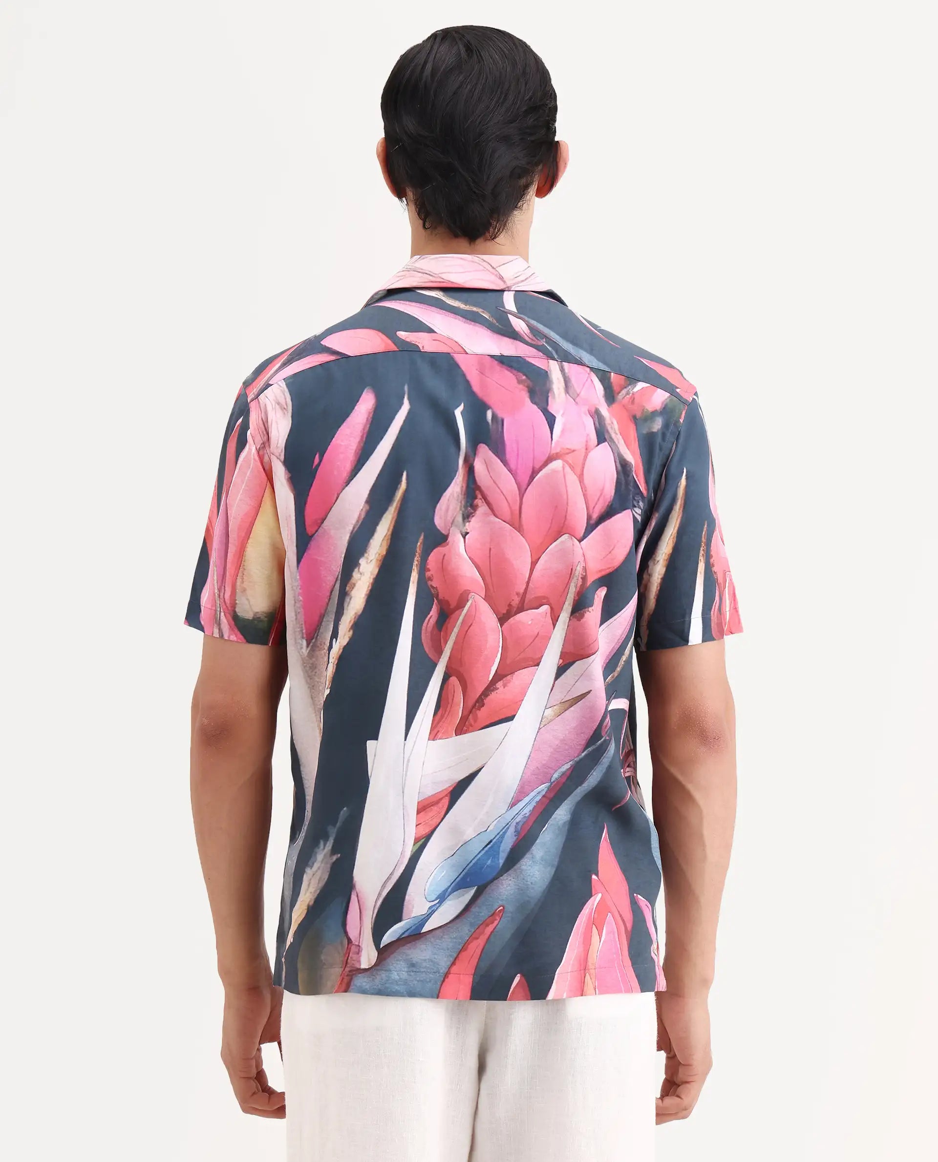 Rare Rabbit Men's Lory Dark Navy Viscose Fabric Half Sleeve Cuban Collar Regular Fit Tropical Print Shirt