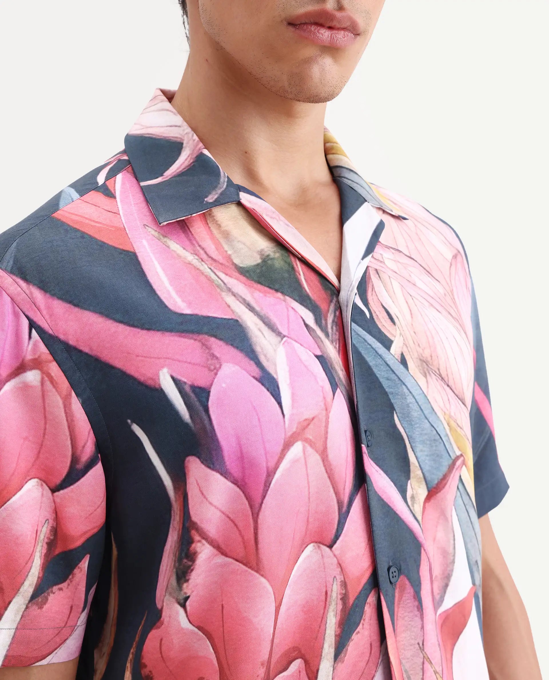 Rare Rabbit Men's Lory Dark Navy Viscose Fabric Half Sleeve Cuban Collar Regular Fit Tropical Print Shirt