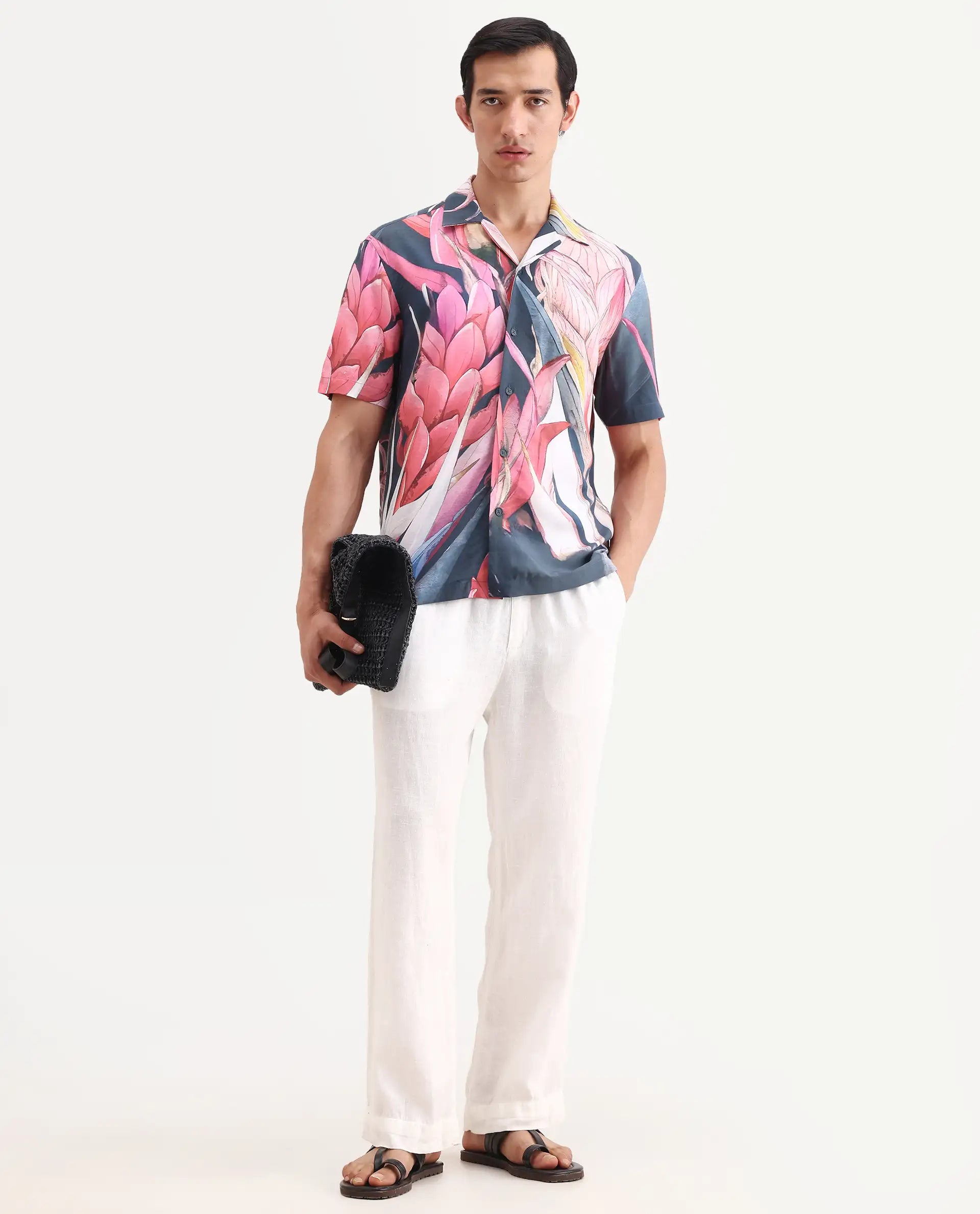Rare Rabbit Men's Lory Dark Navy Viscose Fabric Half Sleeve Cuban Collar Regular Fit Tropical Print Shirt