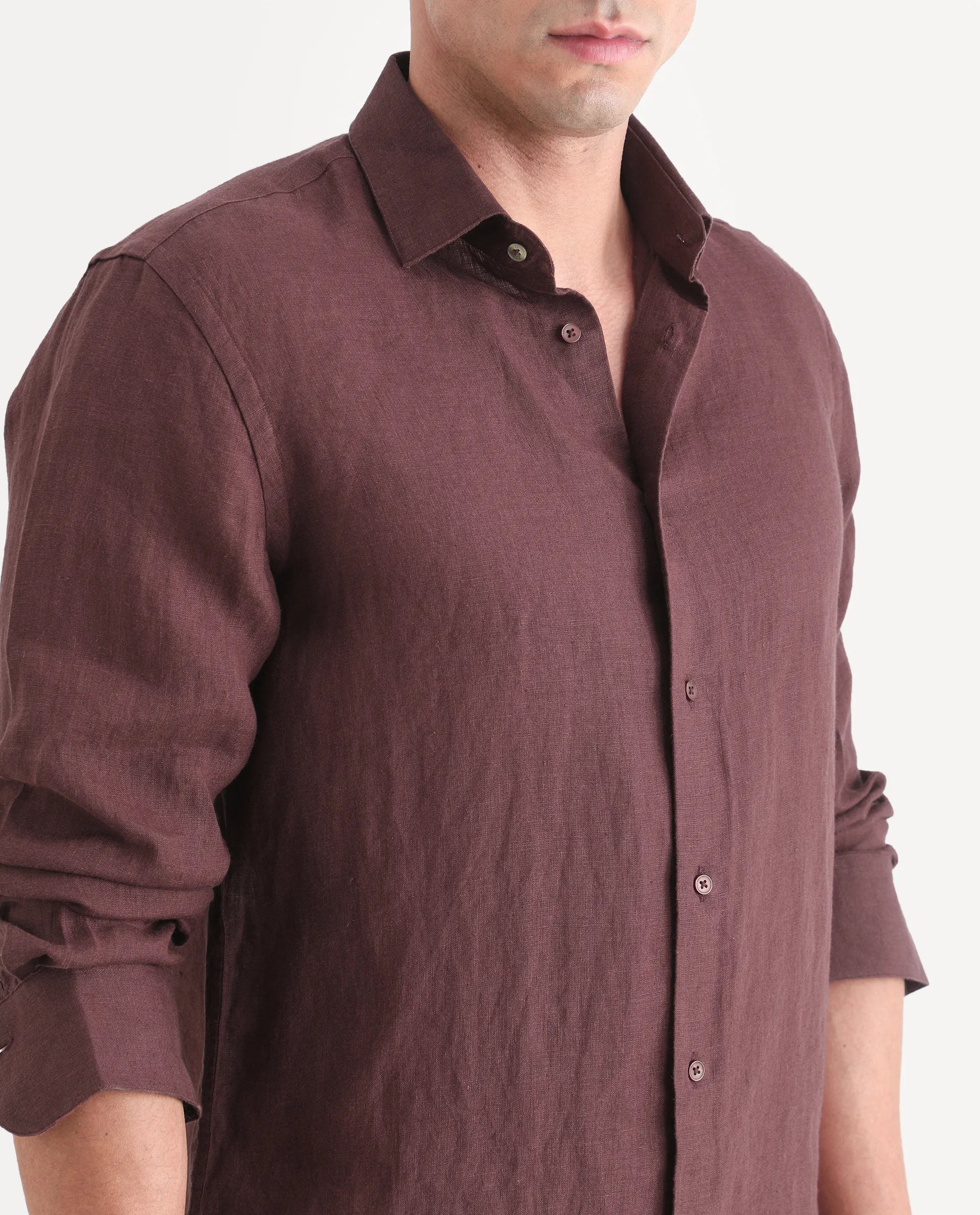 Rare Rabbit Men's Mavi-S26 Dark Maroon 100% Linen Fabric Full Sleeve Spread Collar Regular Fit Plain Shirt