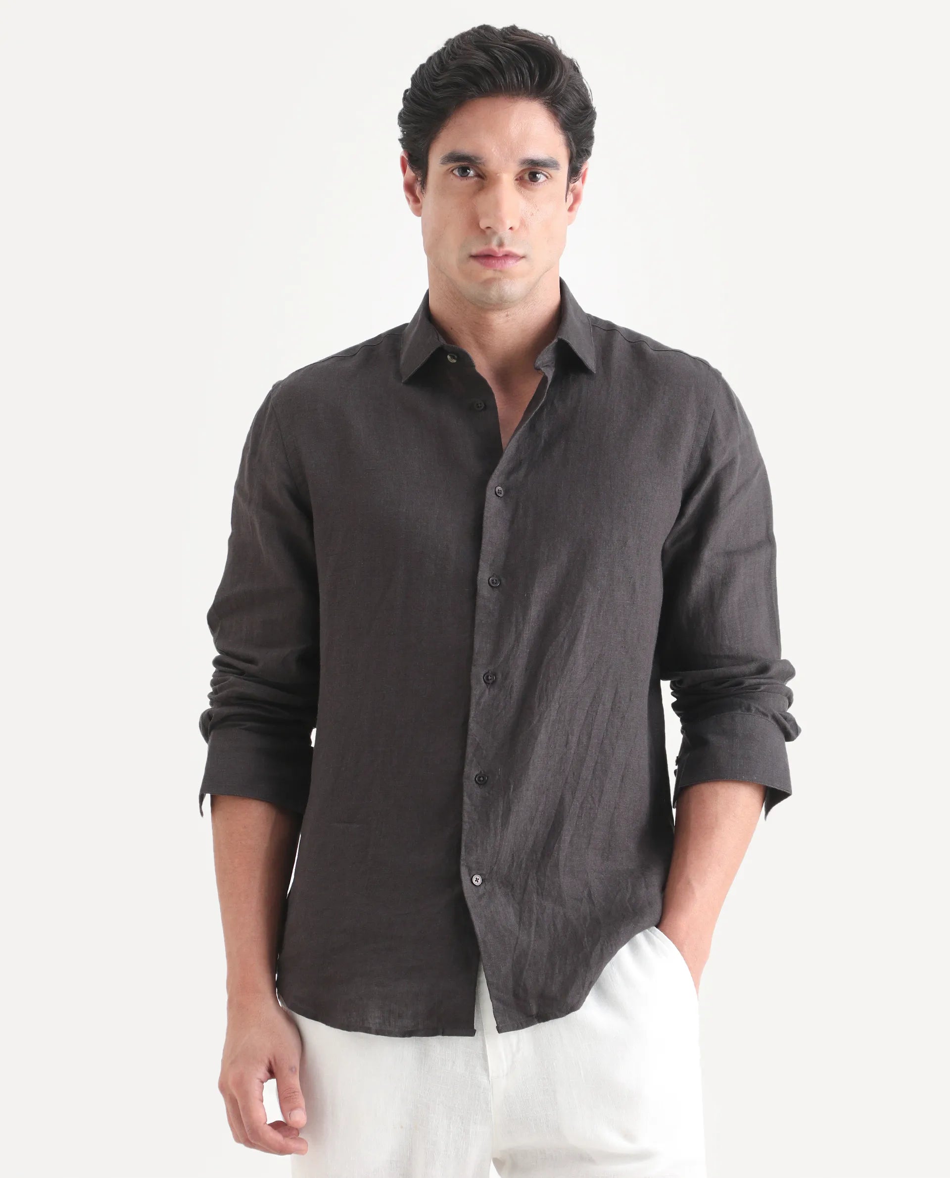 Rare Rabbit Men's Mavi-S26 Dark Grey 100% Linen Fabric Full Sleeve Spread Collar Regular Fit Plain Shirt