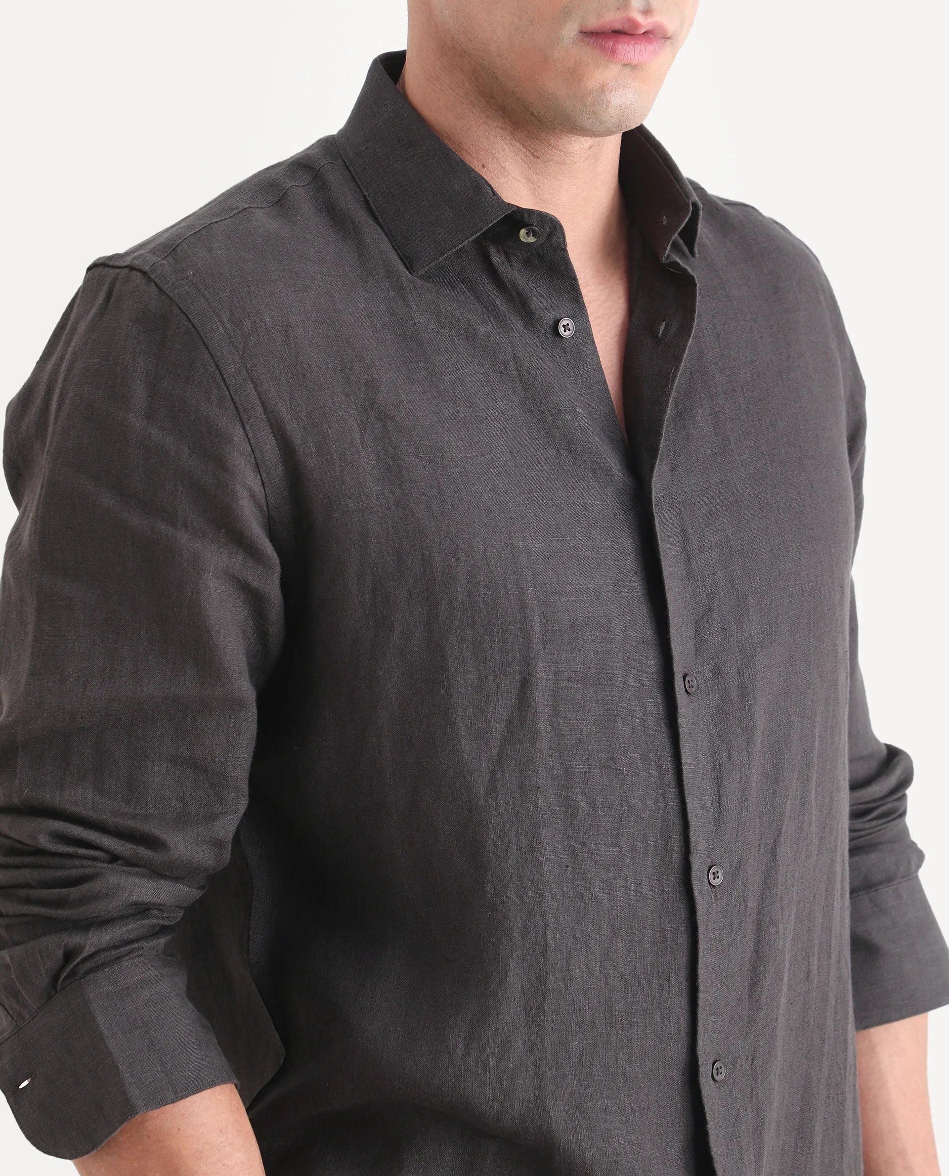 Rare Rabbit Men's Mavi-S26 Dark Grey 100% Linen Fabric Full Sleeve Spread Collar Regular Fit Plain Shirt
