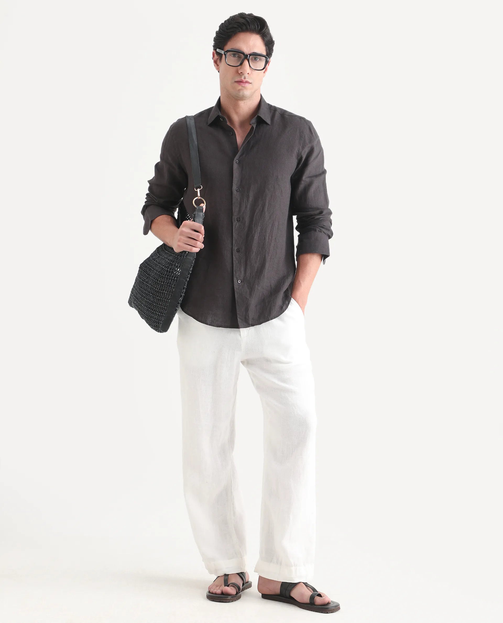 Rare Rabbit Men's Mavi-S26 Dark Grey 100% Linen Fabric Full Sleeve Spread Collar Regular Fit Plain Shirt