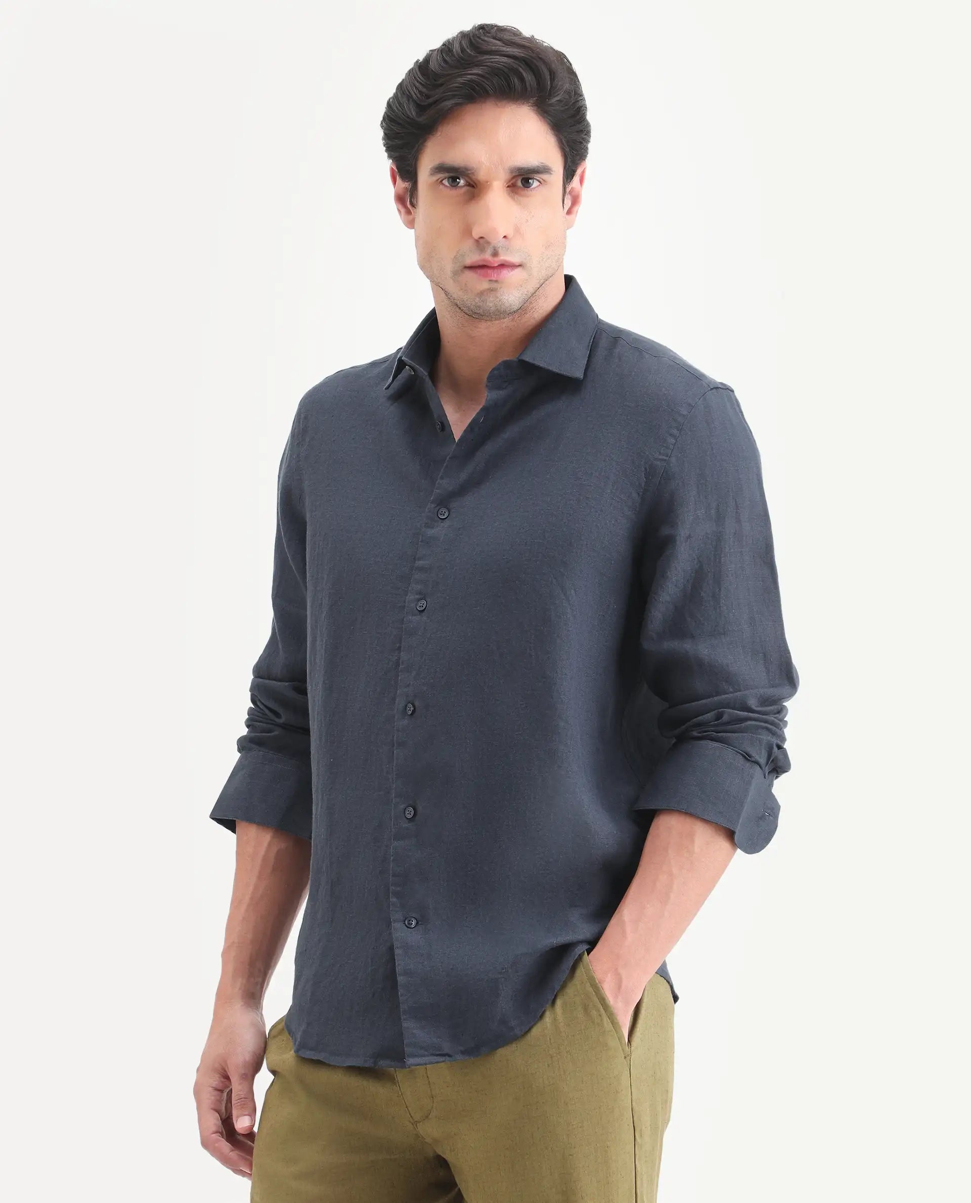 Rare Rabbit Men's Mavi-S26 Dark Blue 100% Linen Fabric Full Sleeve Spread Collar Regular Fit Plain Shirt