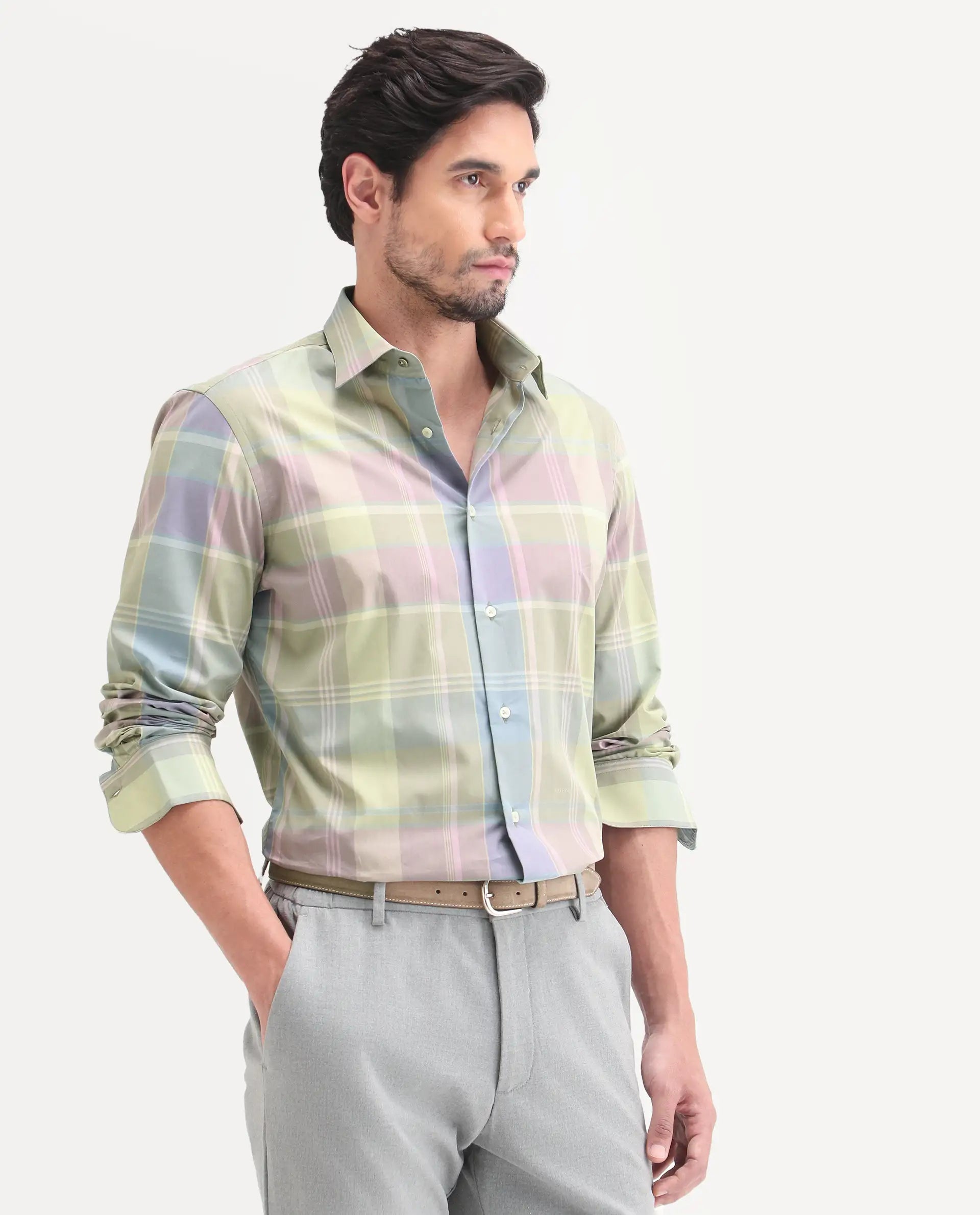 Rare Rabbit Men's Rizi Light Green Cotton Full Sleeve Spread Collar Regular Fit Checked Shirt