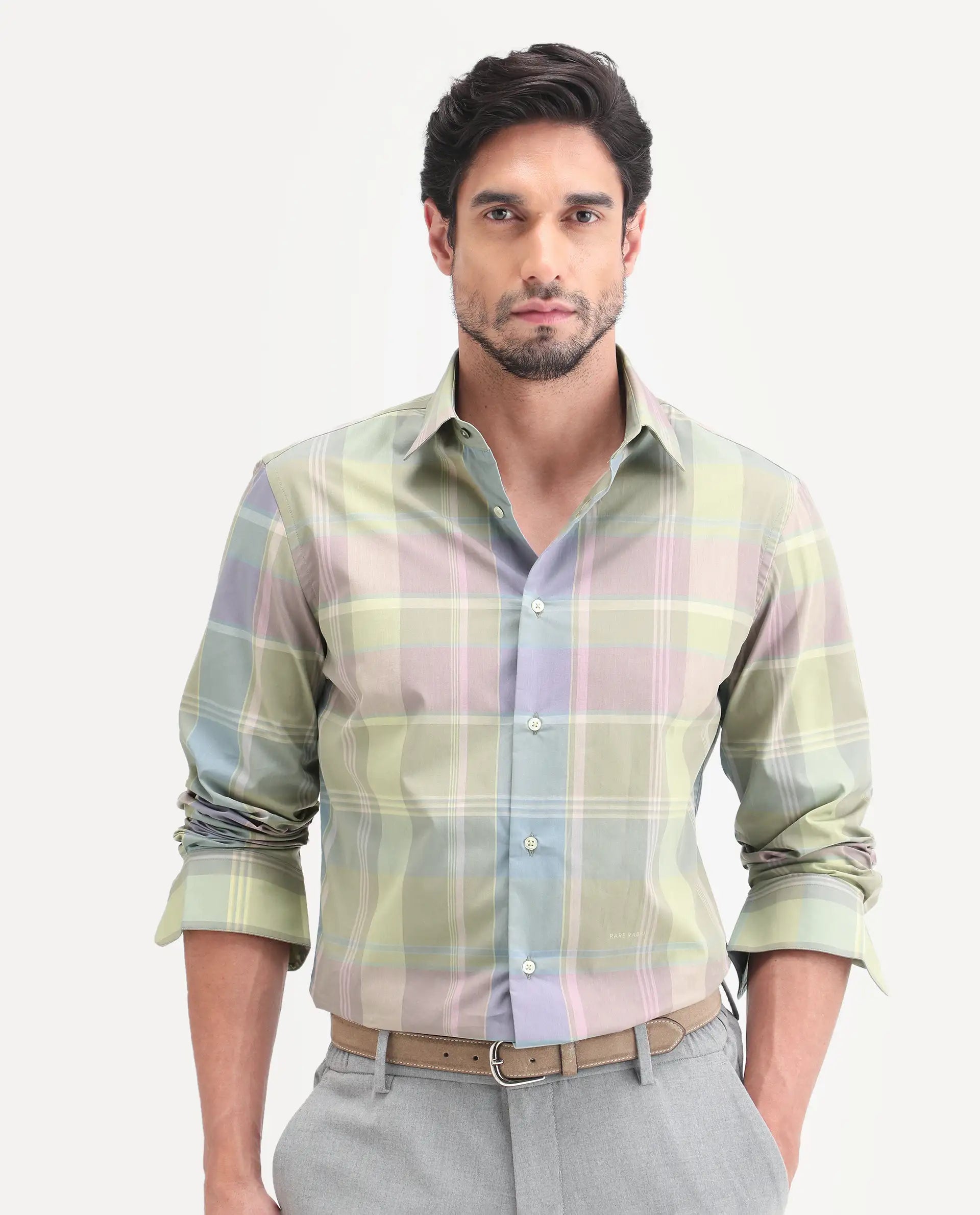 Rare Rabbit Men's Rizi Light Green Cotton Full Sleeve Spread Collar Regular Fit Checked Shirt