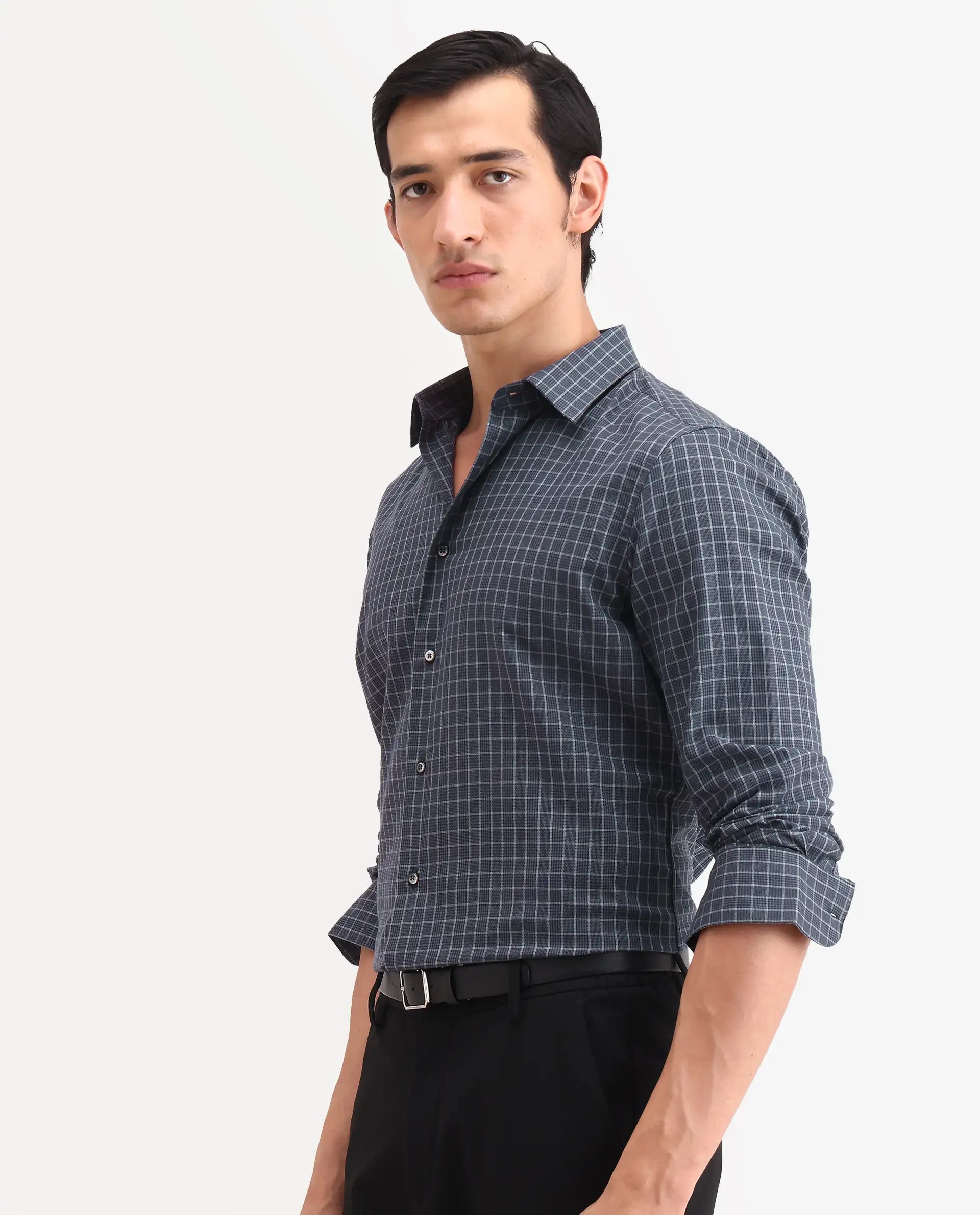 Rare Rabbit Men's Sapar Blue Cotton Fabric Full Sleeve Spread Collar Regular Fit Checked Shirt