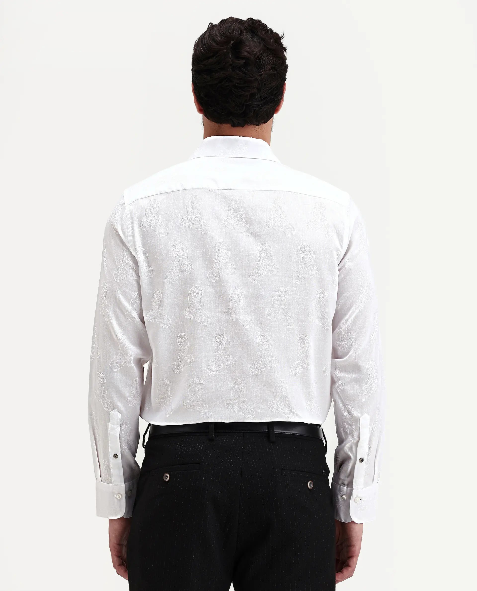 Rare Rabbit Men's Alvo White Viscose Blend Fabric Full Sleeve Spread Collar Regular Fit Jacquard Shirt