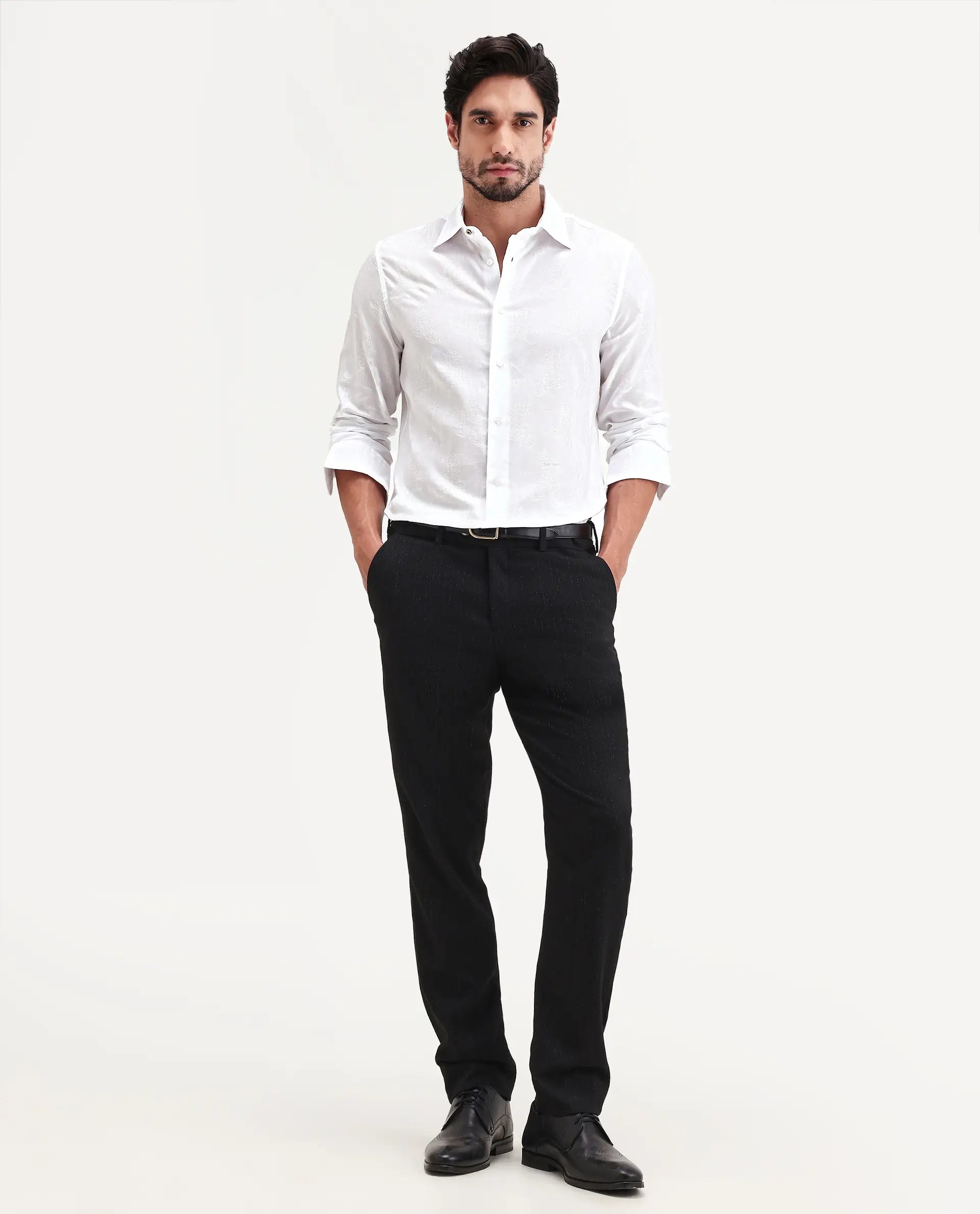 Rare Rabbit Men's Alvo White Viscose Blend Fabric Full Sleeve Spread Collar Regular Fit Jacquard Shirt