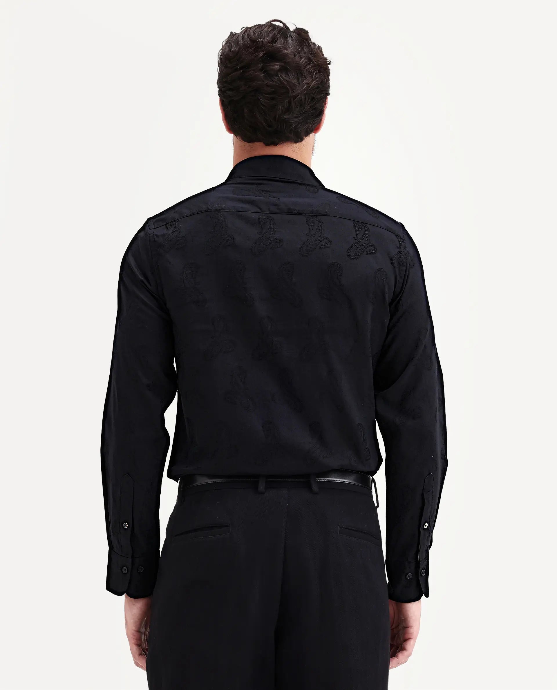 Rare Rabbit Men's Alvo Black Viscose Blend Fabric Full Sleeve Spread Collar Regular Fit Jacquard Shirt